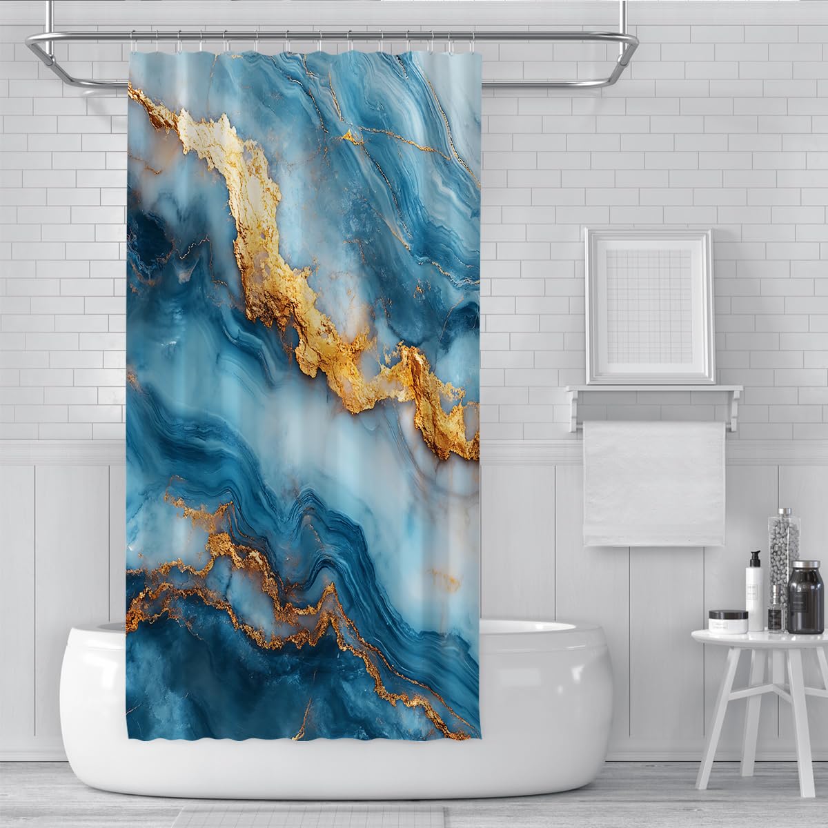 Moderner Luxus-Duschvorhang Abstrakte Marmortextur Badezimmervorhänge für Badewannendekoration Wasserdichter Polyesterstoff Blau Extra lang 180 x 200 cm