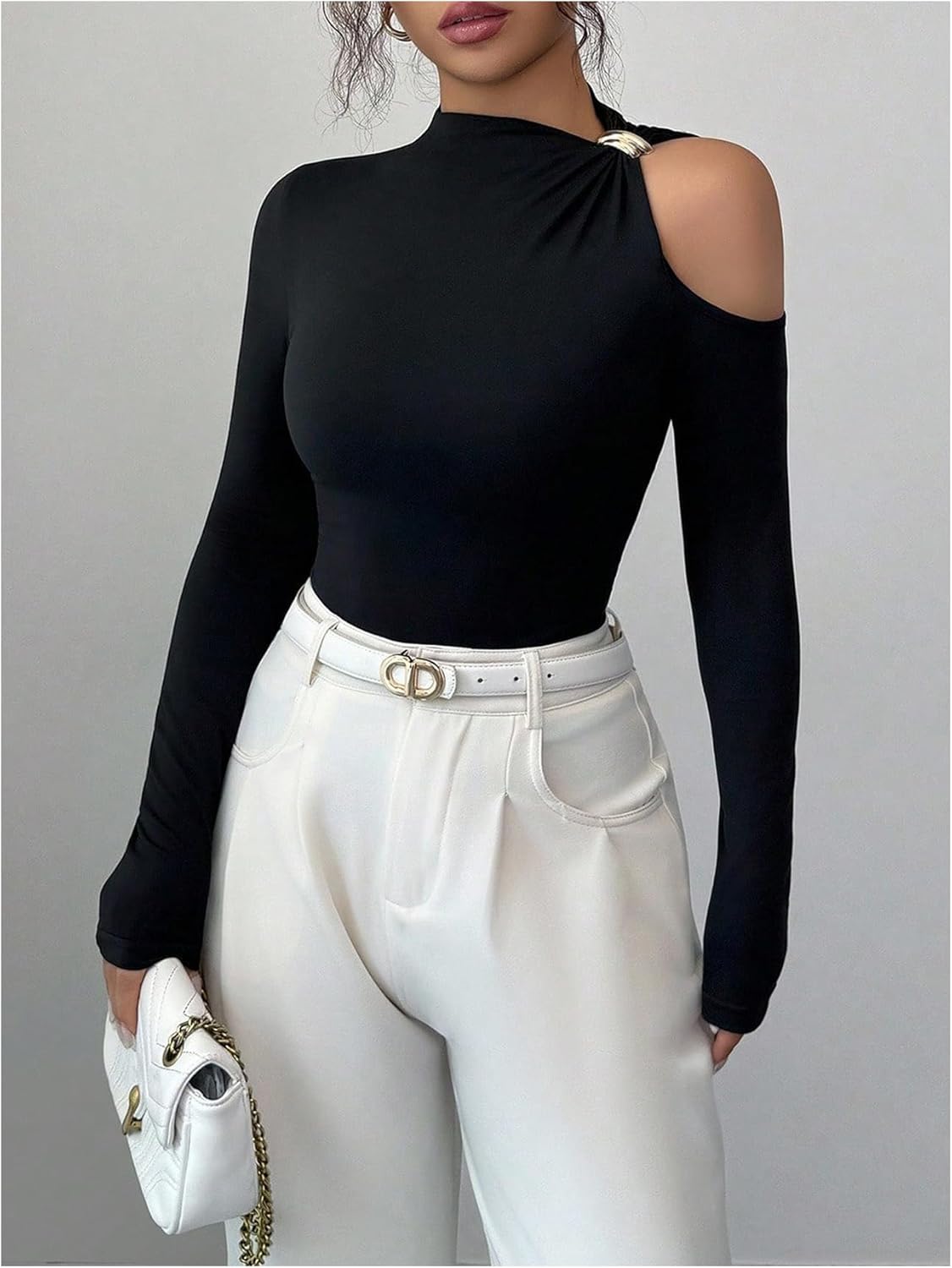 MakeMeChic Women's Asymmetrical Tops Cut Out Long Sleeve Elegant Tee Shirt Fitted Tops Fall Clothes - Image 5