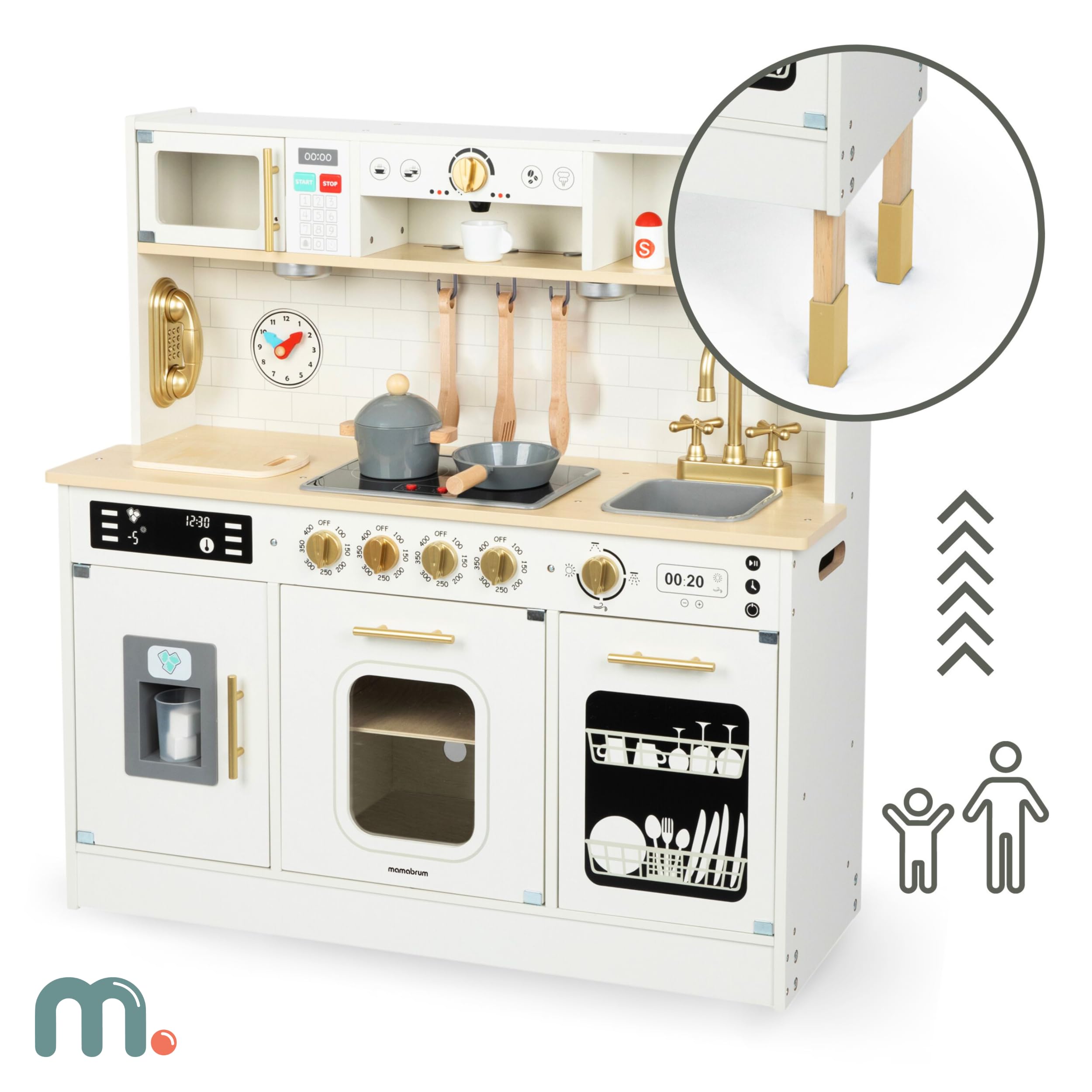 Mamabrum Cocina de Juguete para Niños de Madera con Luces LED - Juguetes Cocina Niños Interactiva con Altura Ajustable - Incluye Microondas, Lavavajillas y Accesorios - 104cm