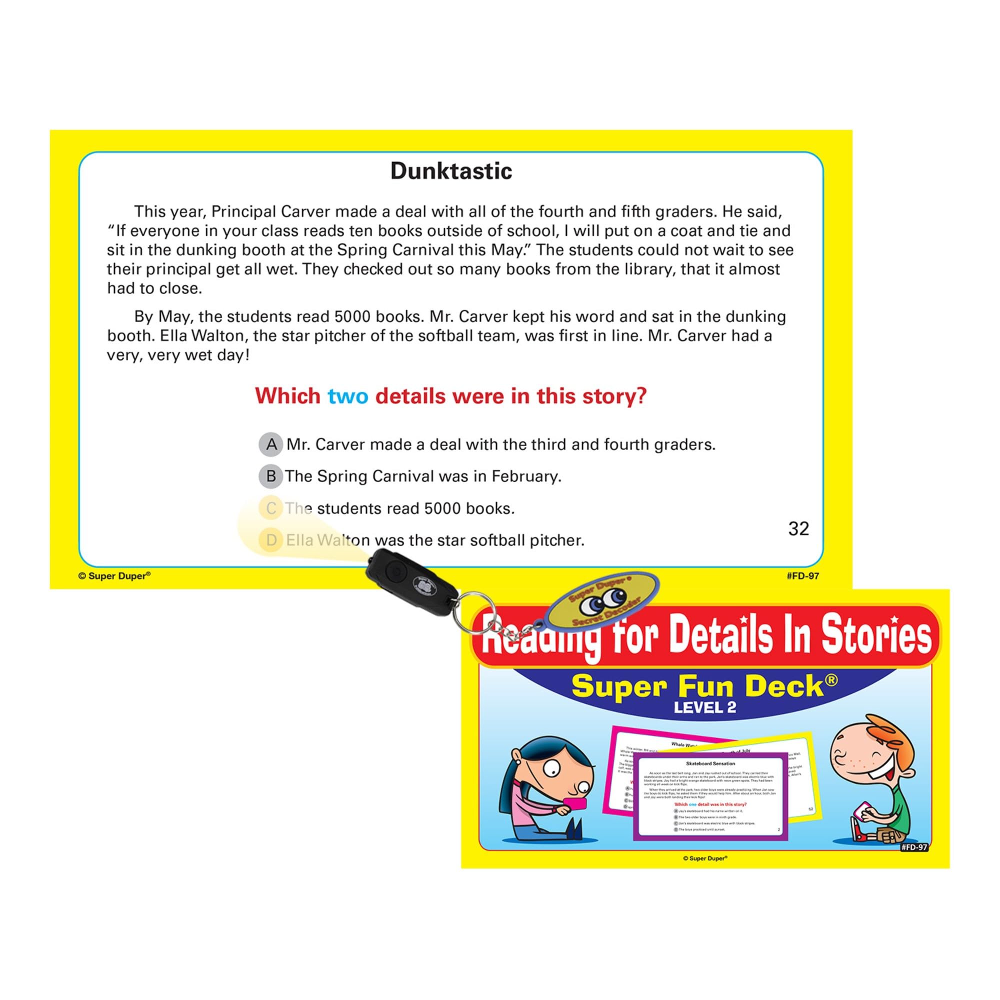 Super Duper Publications | Lecture pour plus de détails dans les histoires Cartes flash amusantes avec décodeur secret | Ressource d'apprentissage éducative pour les enfants