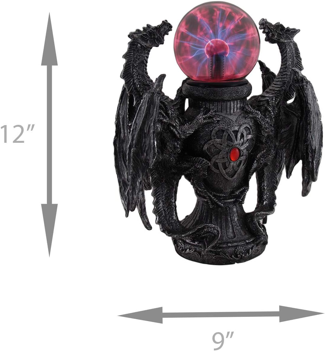Zeckos Guardians of the Mystic Urn: Twin Dragon Resin Statue with Touch-Activated Plasma Ball - Gothic Decor Accent - Great Bedroom or Dorm Accent - 12 Inches High