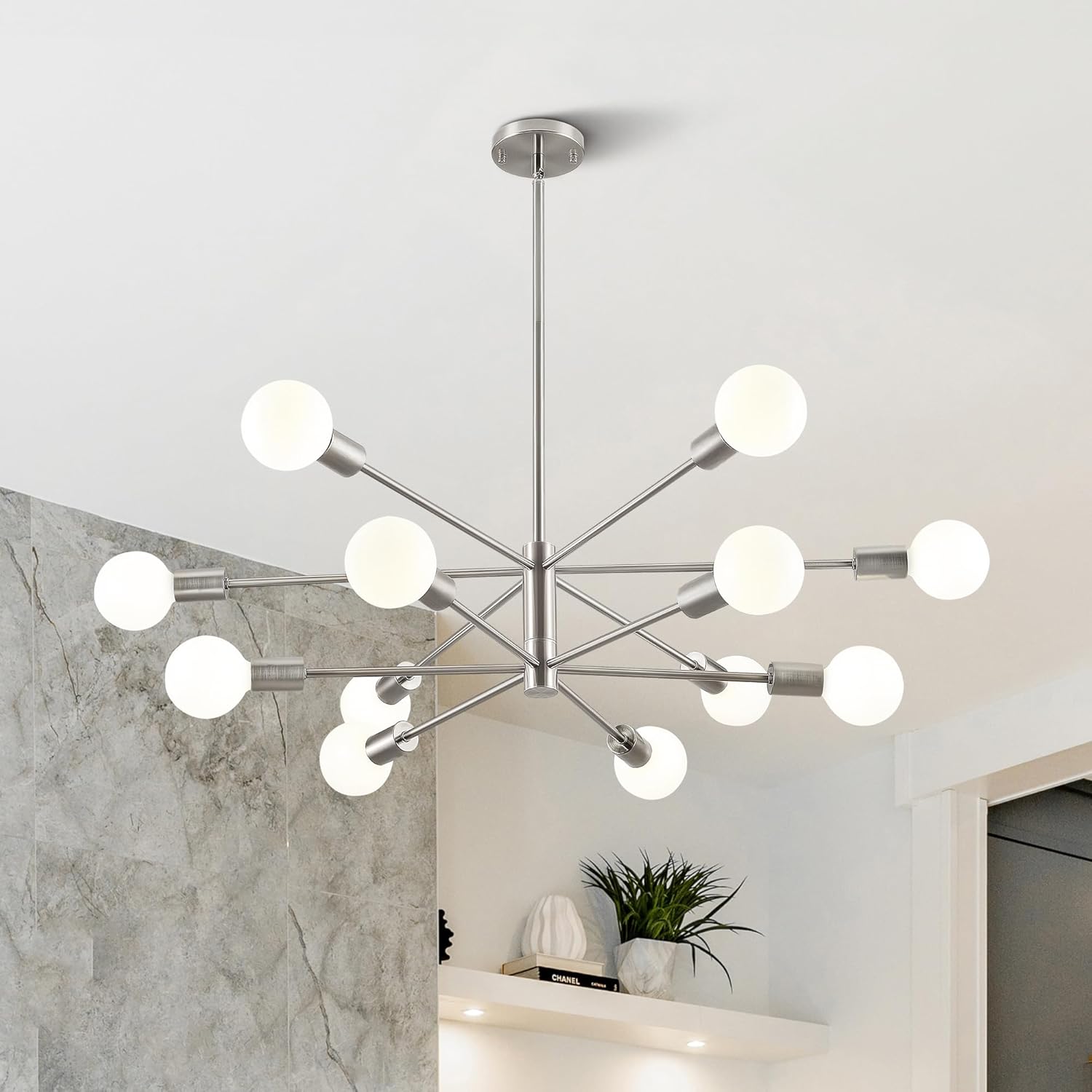 VONLUCE 12-Light Sputnik Chandelier, Morden Chandelier for Dining Room with E26 Sockets, Adjustable Sputnik Light Fixture for Living Room Kitchen Island, Brushed Nickel