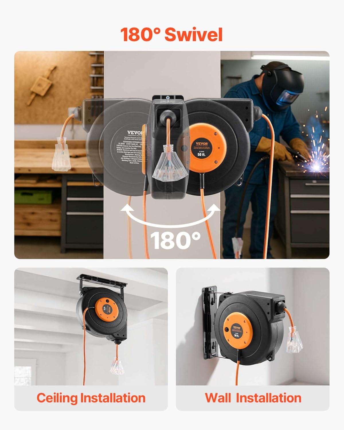 VEVOR Retractable Extension Cord Reel, 50 FT Heavy Duty 14AWG/3C SJTOW Power Cord with Lighted Triple Tap Outlet, 13 Amp Circuit Breaker, 180° Swivel Bracket for Ceiling or Wall Mount