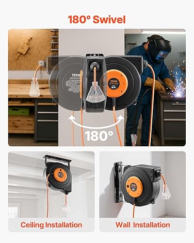 Miniatura 8 de VEVOR Carrete de cable de extensión retráctil de 50 pies cable de alimentación SJTOW resistente de 14 AWG3C con salida de triple grifo iluminada