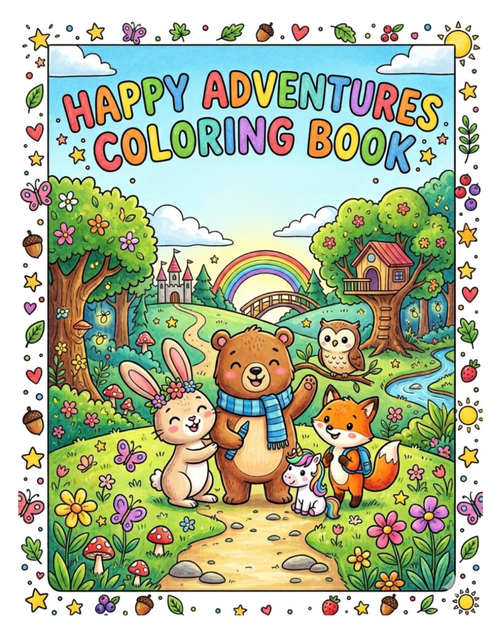 Happy Adventures Coloring Book: A Cute Animal Friends Activity Book for Kids Ages 4-8 - Fun Forest Scenes, Treehouse Playtime, and Magical Castle Explorations