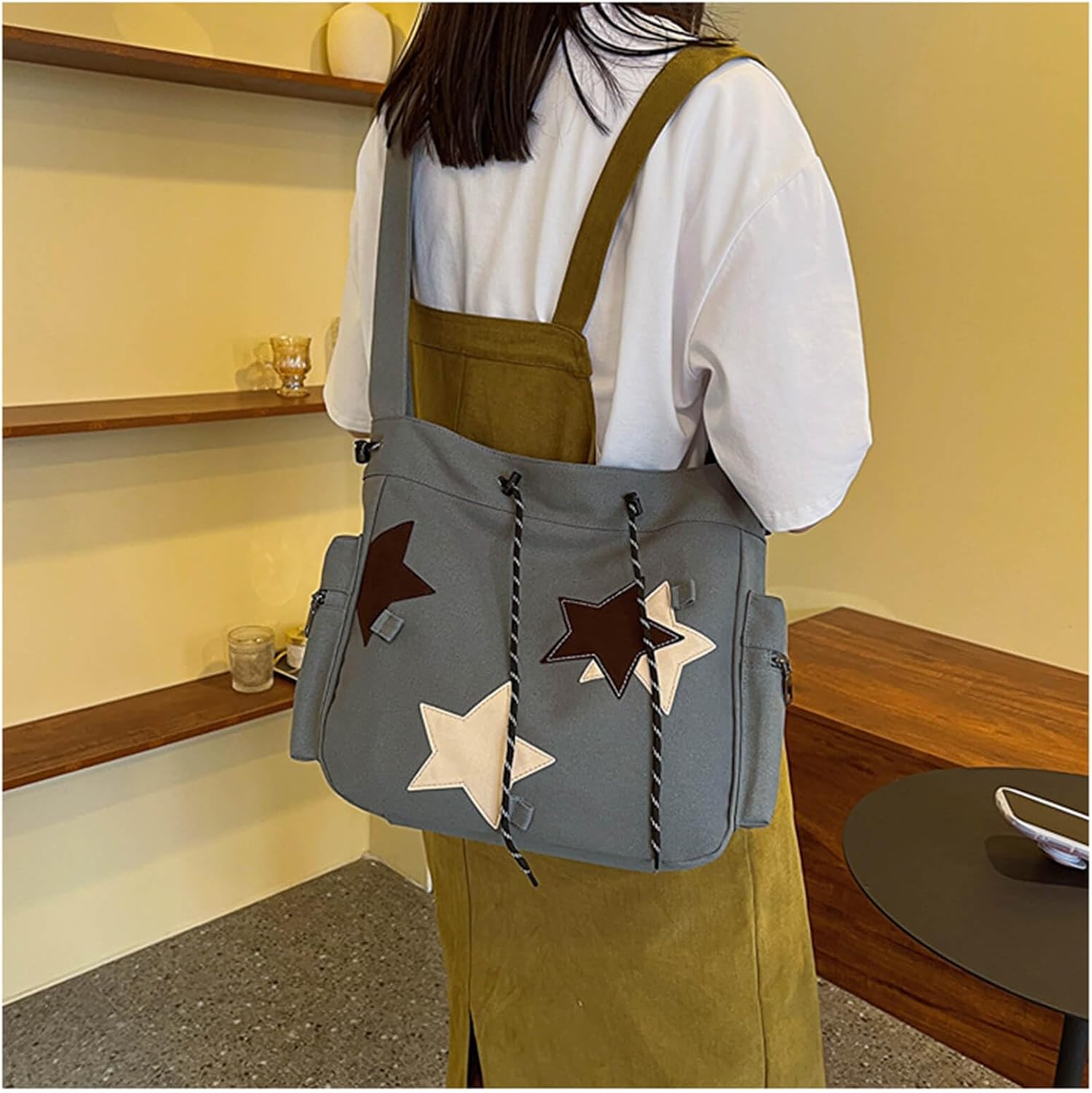 Y2K Star Canvas Messenger Bag, Cute Tote Bags Aesthetic, Small Shoulder Travel Crossbody Bags For Women - Image 2