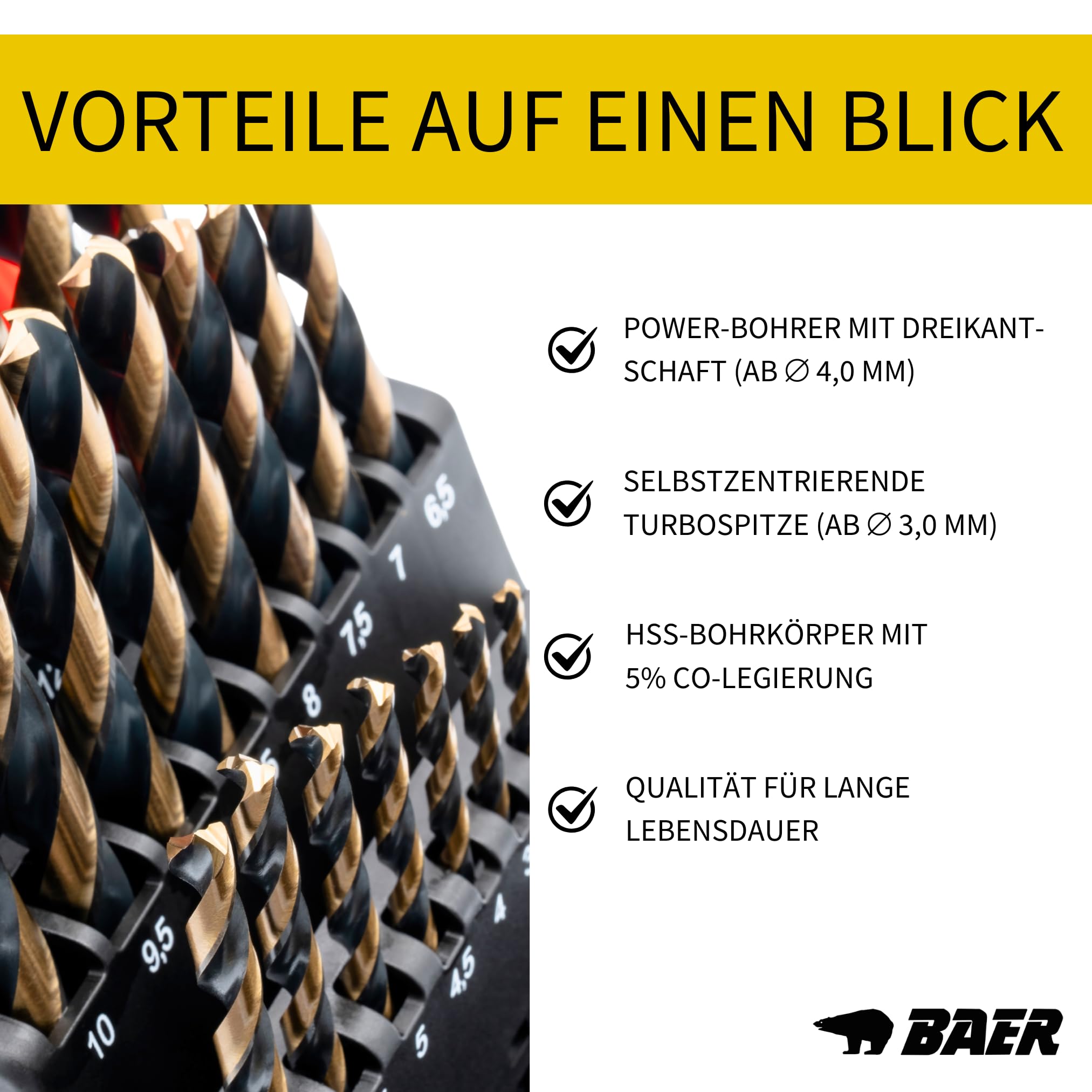 BAER HSSE Spiralbohrer Set 1-13mm (25-tlg, 0,5mm Abstufung) Kobalt Metallbohrer für Edelstahl, INOX, Stahl, Blech, rostfrei | HSS-E Bohrerset DIN 338, Dreikantschaft ab 4mm | Bohrmaschine Akkubohrer