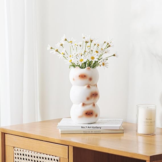 17cm Cute Cat Vase, Modern White Flower Vase Whimsical Ceramic Vases for Cat Lovers, Unique Vases for Home Farmhouse Bedroom Living Room Table Centerpieces Shelf Ornaments