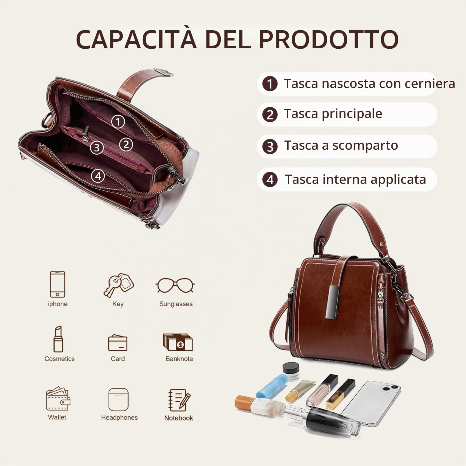 Borsa a tracolla in vera pelle da donna, borsa a secchiello con spallacci regolabili