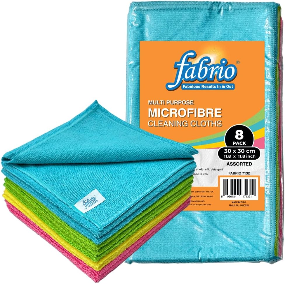 FABRIO Microfibre Cleaning Cloths – Pack of 8, 30x30cm, Ultra-Soft, Lint-Free, Super Absorbent Towels for Kitchen, Car, Glass, and Multi-Surface Cleaning – Assorted Colours