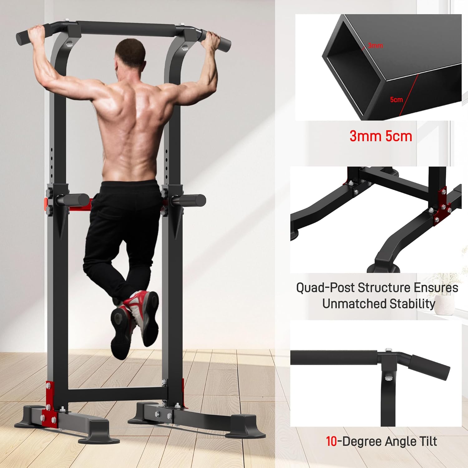 Outdoor Basic Power Tower, Pull Up Bar and Dip Station for Home Gym, 1400LBS Weight Capacity, Adjustable Height, Heavy Duty Steel Frame for Calisthenics, Strength Training Fitness Equipment​