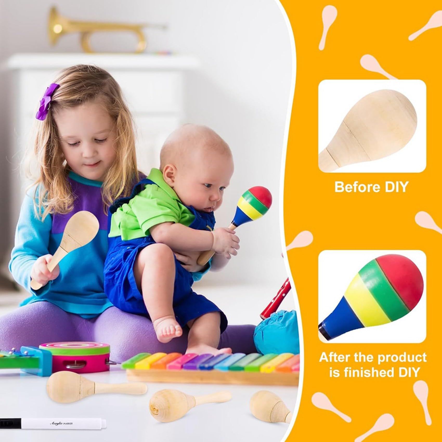 40 Maracas de Madera para Niños, Mini Maracas para Fiestas Mexicanas con 12 Bolígrafos Multicolores, Fiesta