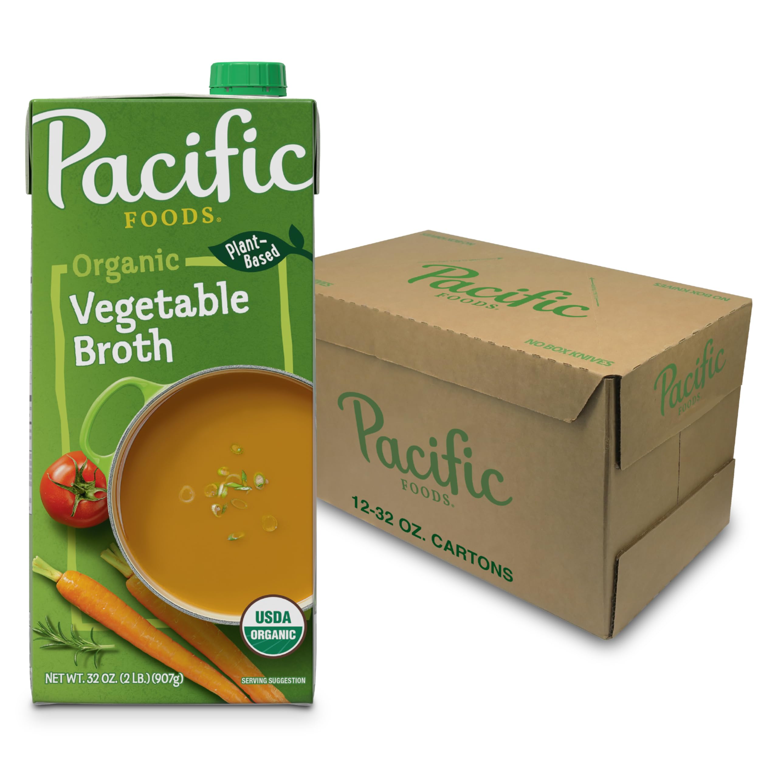 Pacific Foods Organic Vegetable Broth, Plant Based, 32 oz Carton (Case of 12)