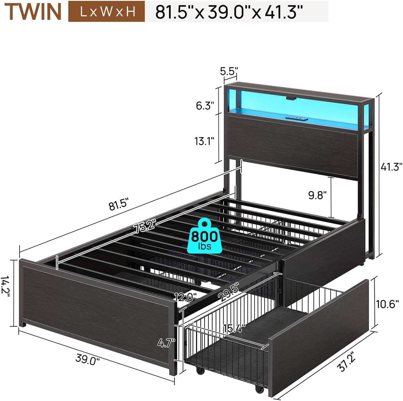 Rolanstar Twin Bed Frame with 4 Storage Drawers, Charging Station and LED Lights, Metal Platform Bed with 2-Tier Storage Headboard, No Box Spring Needed, Easy Assembly, Noise-Free, Black - Image 2