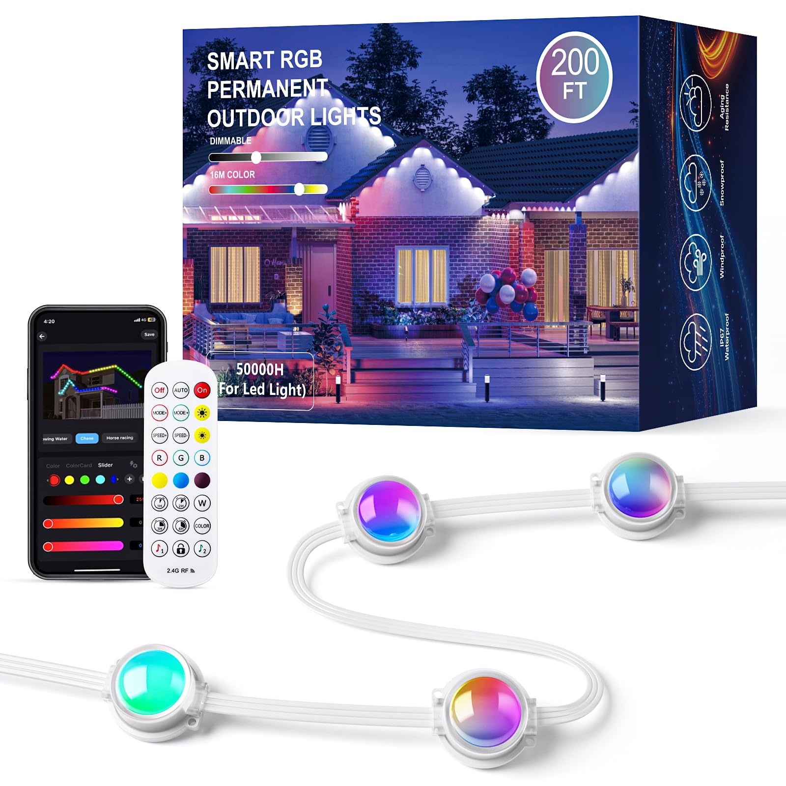 Photo 1 of JOH Permanent Outdoor Lights,200FT RGB+IC Smart Eave Lights with DIY Color, IP67 Waterproof, App & Remote Control, 72 Scene Modes, Outdoor Roof Lighting for Christmas, Holiday & Daily Decor