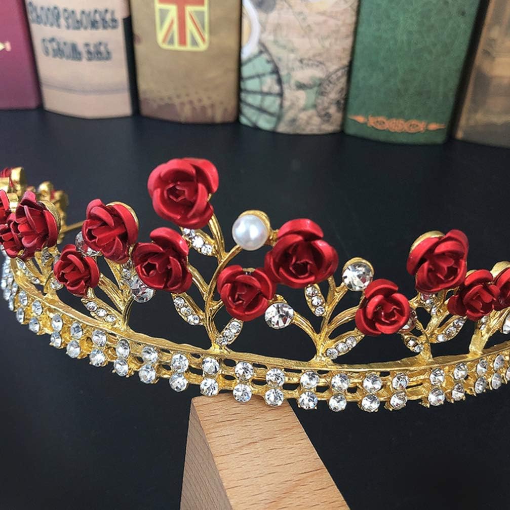 FRCOLOR Red Rose Tiaras for Women Valentine's Day Wedding Bridal Elegant Princess Crown Crystal Rhinestone Tiara Headband Prom Tea Party Fairy Headpiece - Image 6