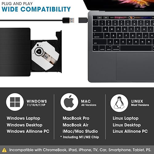 Miniatura 4 de ROOFULL Reproductor externo de unidad de CD y DVD, grabadora de CD USB 3.0 con estuche de transporte, lector de disco óptico portátil DVD+-RW lector
