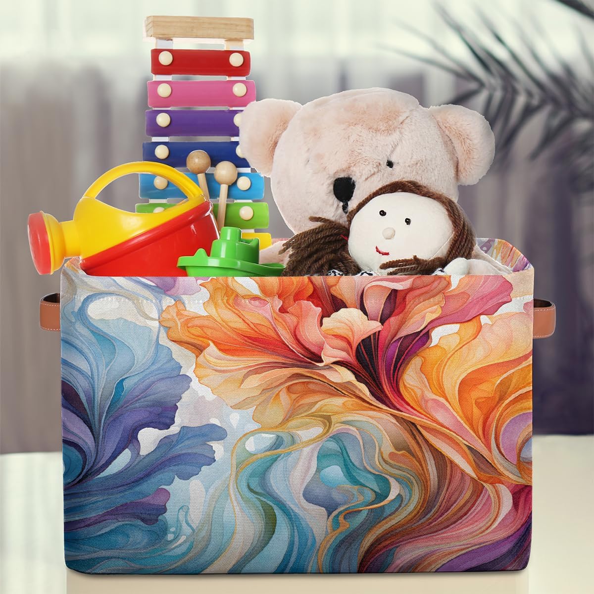 Colorful Flower Abstract Floral Storage Baskets for Organizing, Fabric Collapsible Storage Bins Box Decorative Toy Organizer Baskets for Closet Shelves Gift Basket 2 Pcs image 3