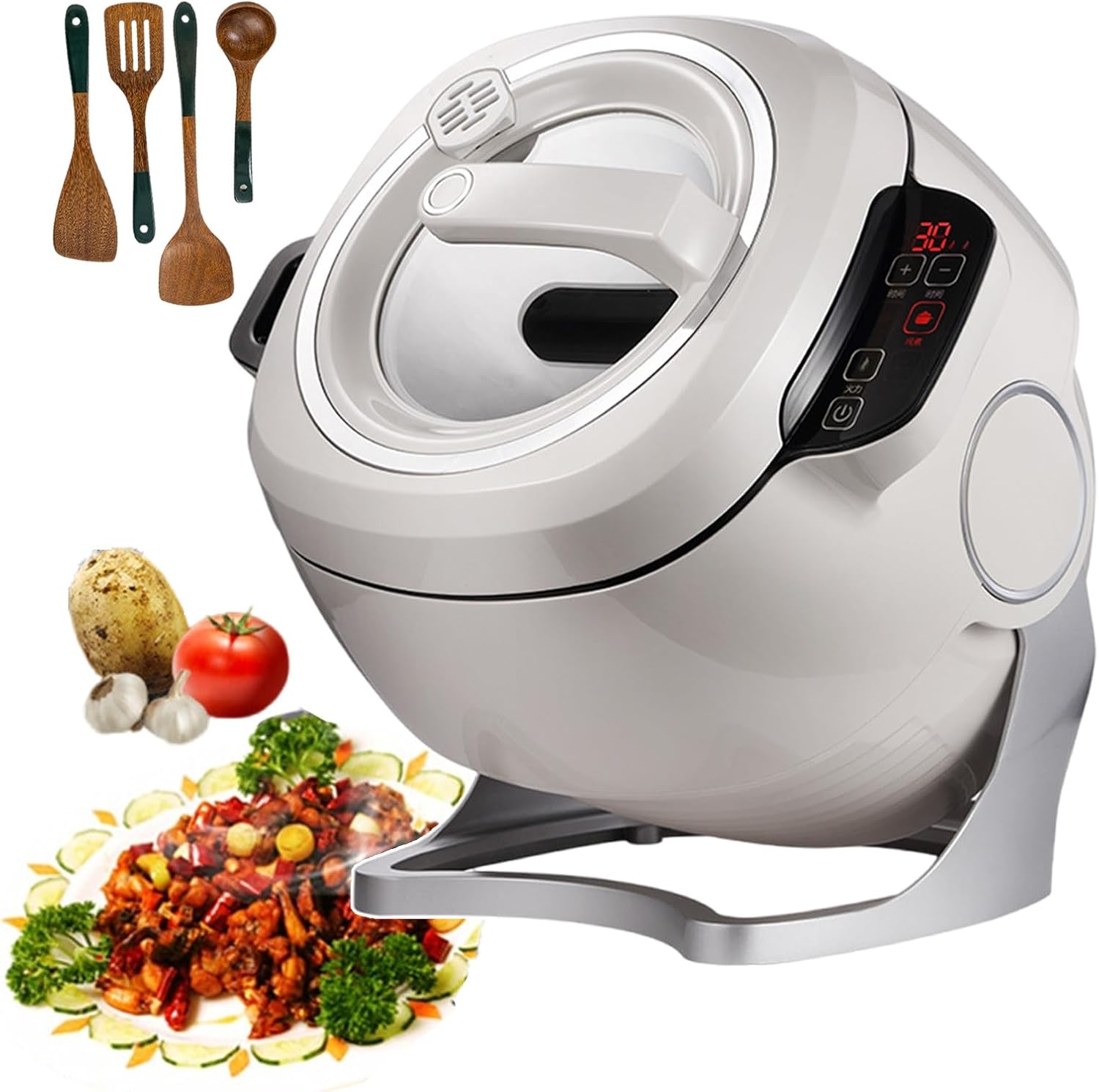 Auto Drum Cooking Machine, 360° Rotatable Commercial Food Processor, 2000W Multi-Function Frying Pan with All-round Heating Anti-Paste(with Soup Spoon) - 6L Pot Capacity