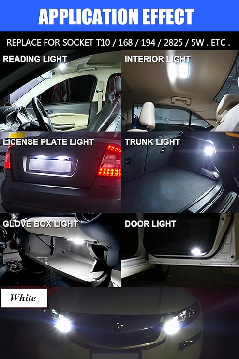 194 LED Light Bulb White 6000K Pack of 30, 168 2825 W5W T10 Wedge COB Bulbs Error Free for Car Dome Map Door Courtesy License Plate