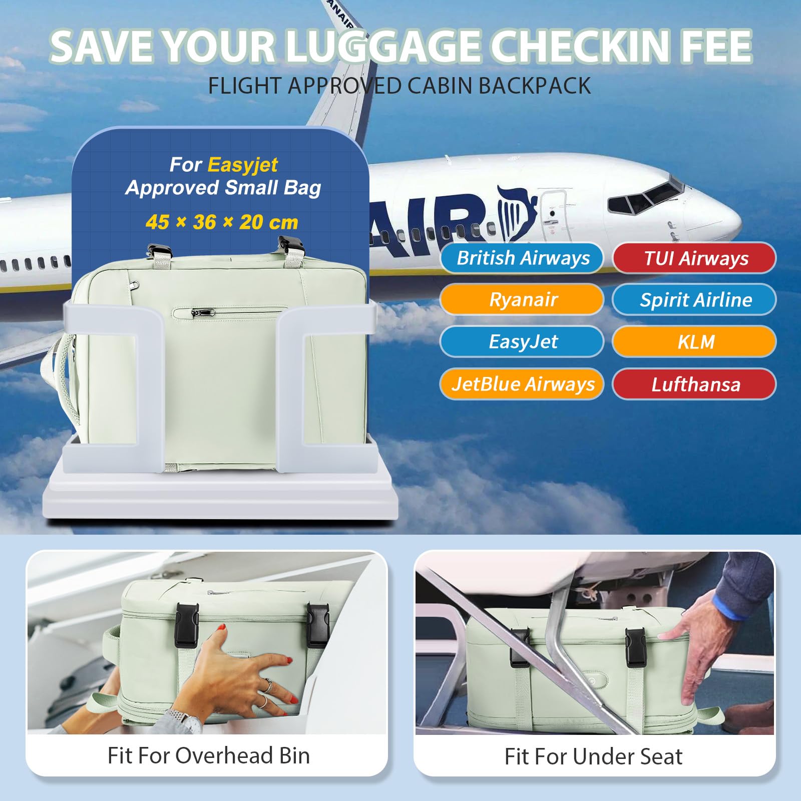 SZLX Borse da Cabina per Easyjet 45x36x20 Zaino da Viaggio aereo Bagaglio a Mano Zaino Ryanair 40x20x25 con porta USB zaino Borsa da Viaggio Impermeabile donna zaino per Computer Casual Daypack