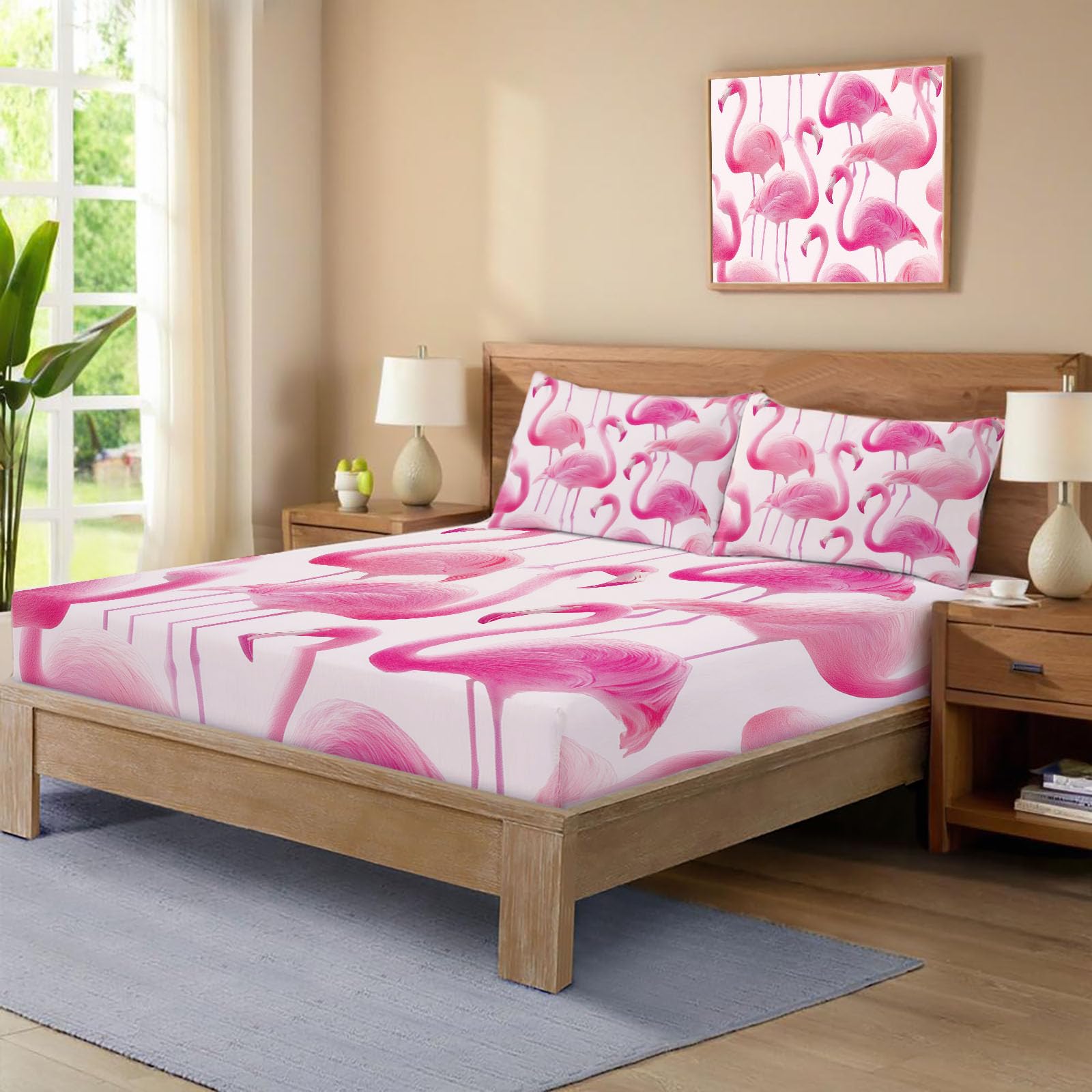 Drap Housse 180X200Cm Bonnet 30 Cm - Flamant Rose Aquarelle Animal Fantastique De Lit 3 Personnes Doux Confortable en Microfibre - Lot De 1 Draps Housses Rose Blush avec 2 Taie d'oreiller