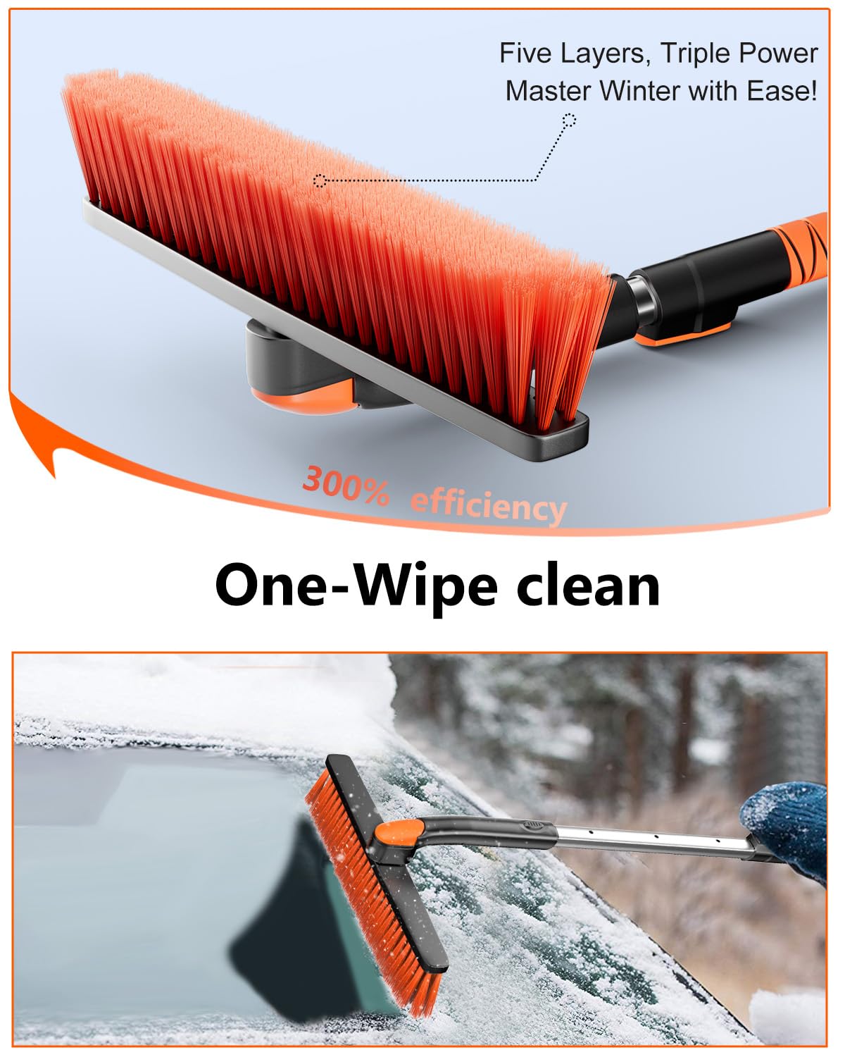 DooGooCoo [Actualización] Rascador de hielo y cepillo de nieve extensible para parabrisas de coche [resistente de grado militar] – Cabezal de cepillo giratorio de 360° con agarre de silicona para una