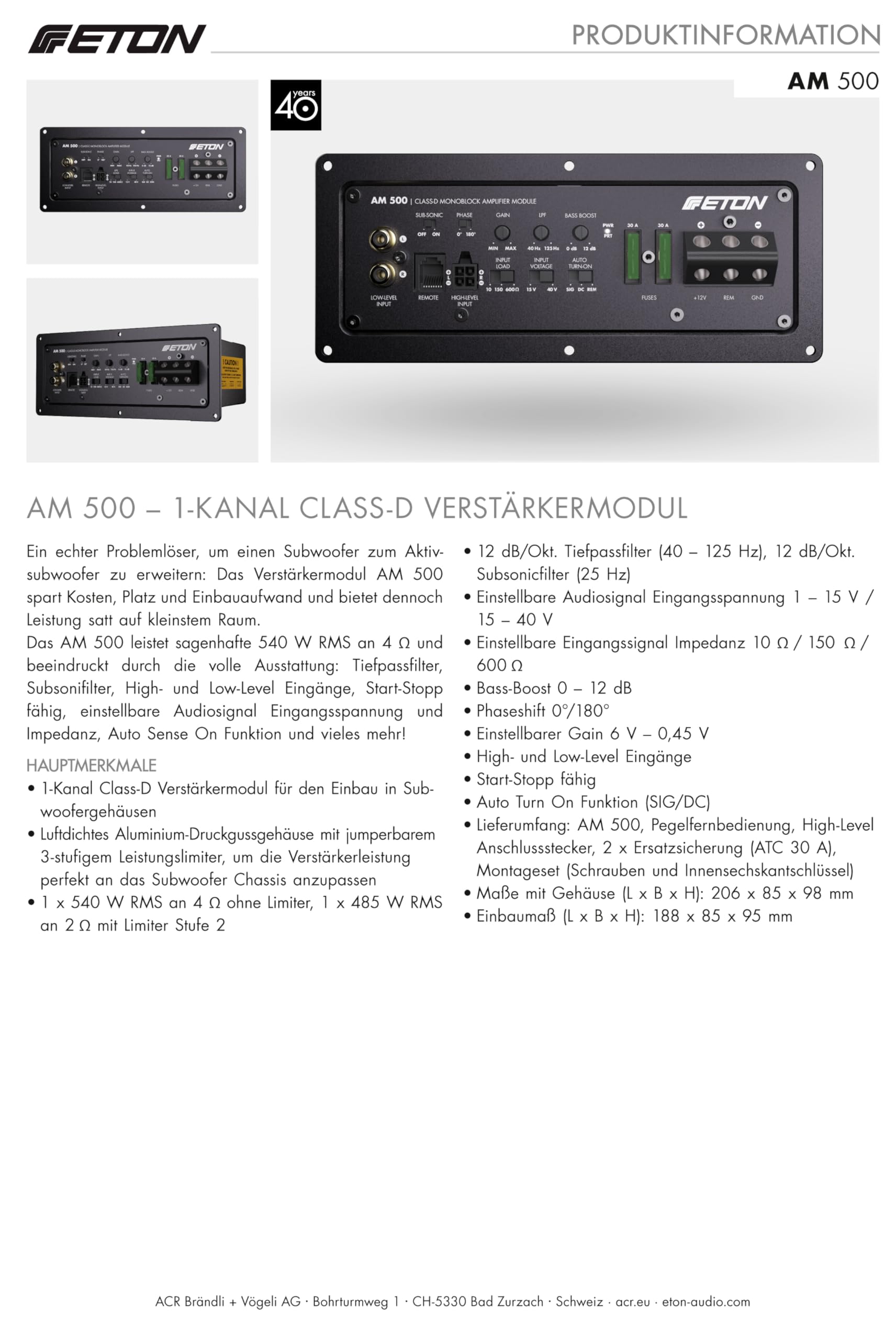 ETON AM 500 – Mocny moduł wzmacniacza do zabudowy 540 W RMS 1-kanałowy dla subwoofera, z regulowanym ogranicznikiem mocy stopnia wyjściowego, idealny do samodzielnej budowy aktywnego subwoofera