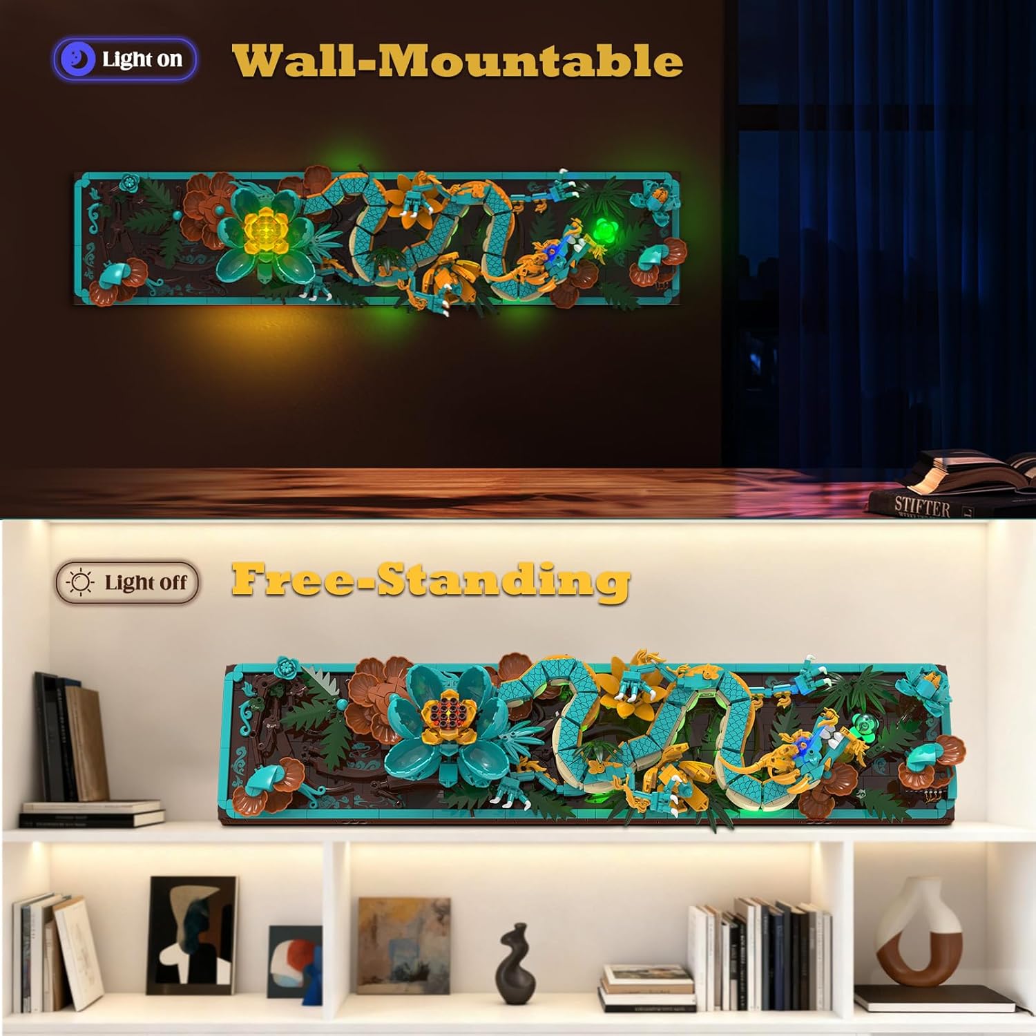 Mythic Dragon Tiles Building Blocks Set with LED Lights, Divine Loong 3D Wall Art Building Toys 170019 with Flowers, 1676 Pcs Dragon Relief DIY Model Kit for Adult, Creative Gifts & Decor