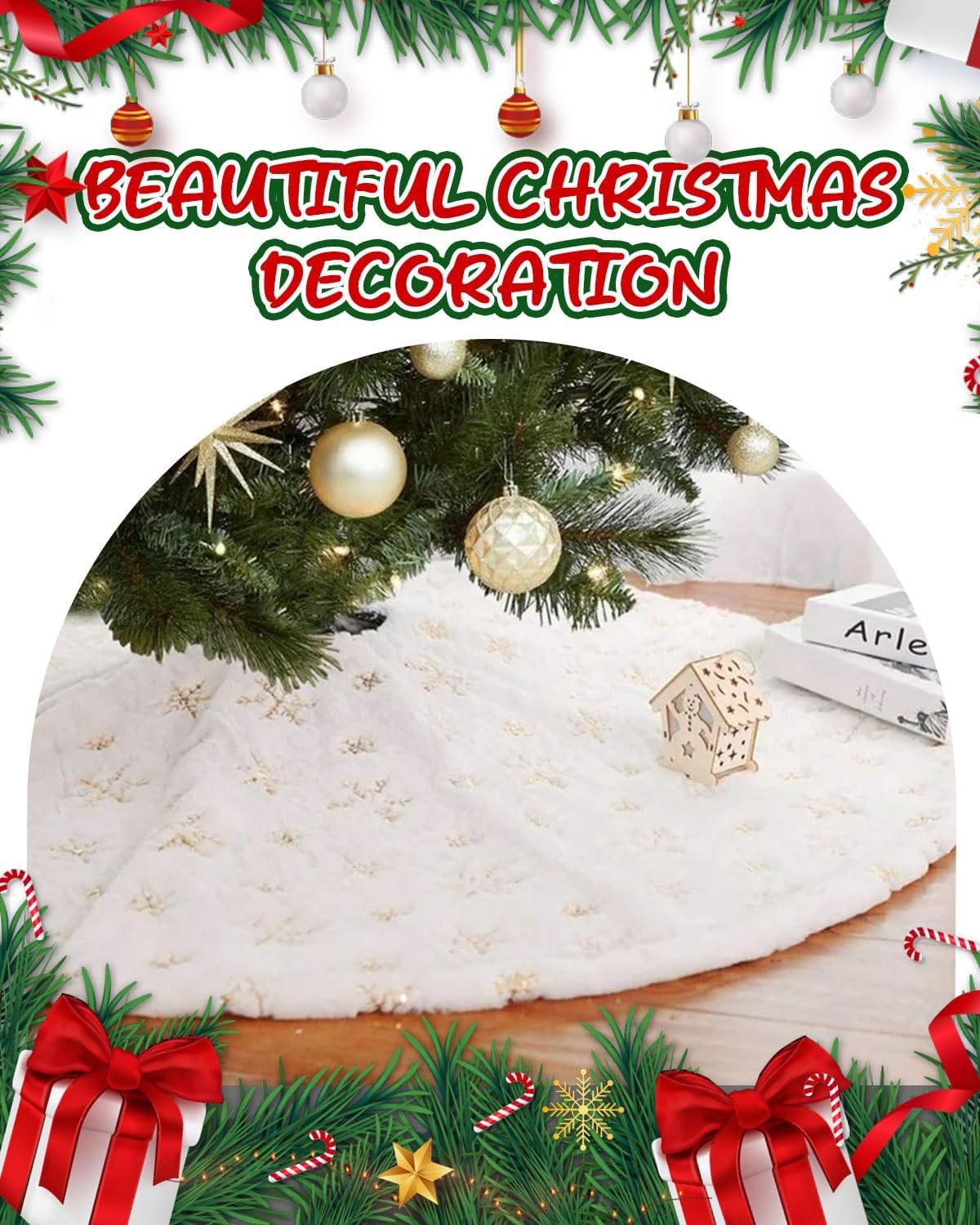 Christmas Tree Skirt 48 Inches, Faux Fur White Tree Skirt with Gloden Snowflakes, Soft Thick Christmas Tree Mat for Xmas Tree Decor, Large Tree Skirts for New Year Merry Christmas Tree Decorations