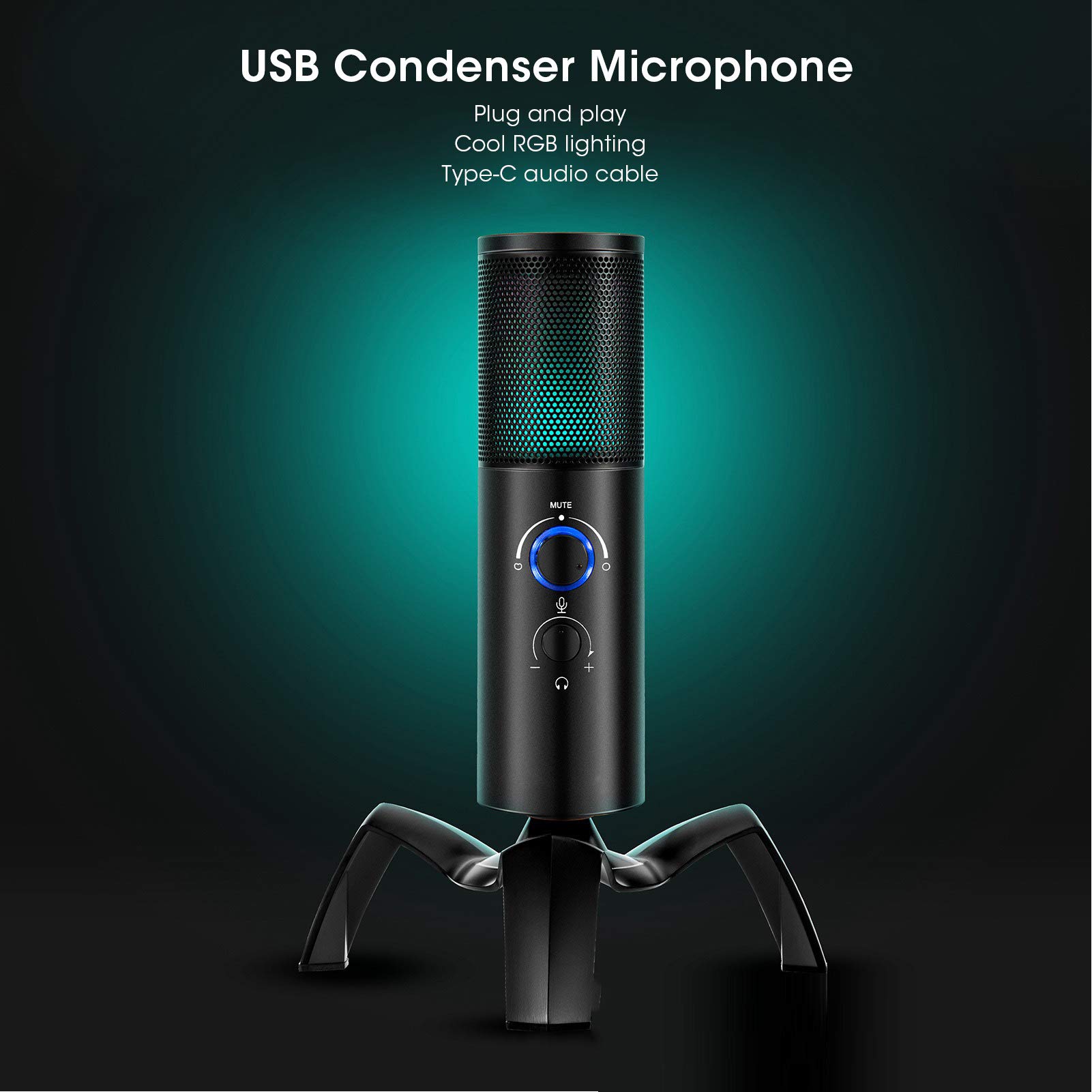 Mikrofon pojemnościowy USB PC, wyjście słuchawkowe Interfejs TYPE-C Podwójny mikrofon kierunkowy ze wskaźnikiem i światłem RGB, do nagrywania transmisji na żywo(czarny)
