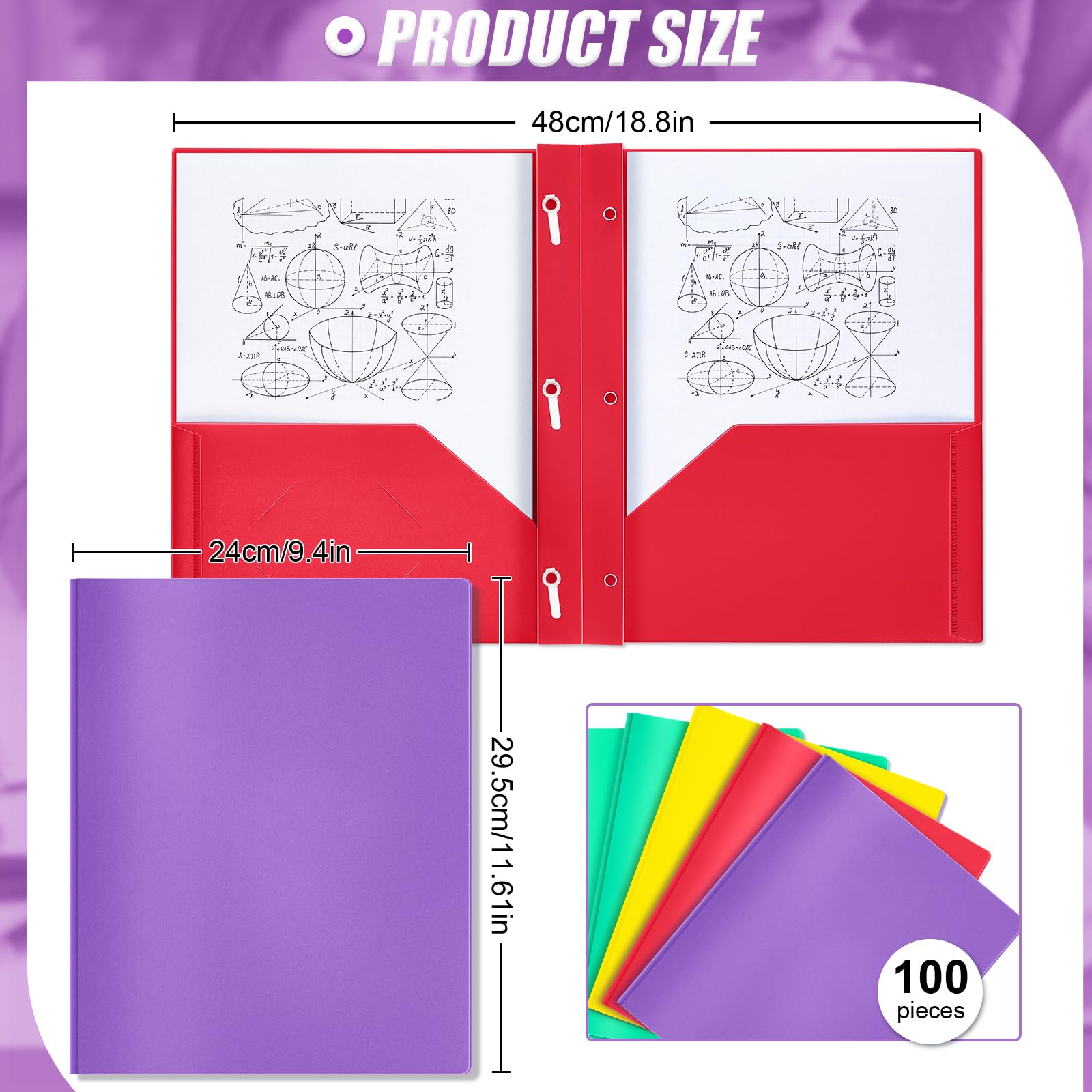 Lincia 100 cartelline in plastica con tasche e rebbi, con rebbi, cartelle in plastica con 2 tasche, per ufficio, scuola, studenti, insegnanti, impiegati (colorate)