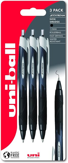 Uni-Ball Jetstream Sport SXN-150S Ballpoint Gel Pens. Premium 1.0mm Rollerball Tip. Smooth Writing Black Uni Super Ink Dries Instantly. Pack of 3 in Plastic Free Packaging