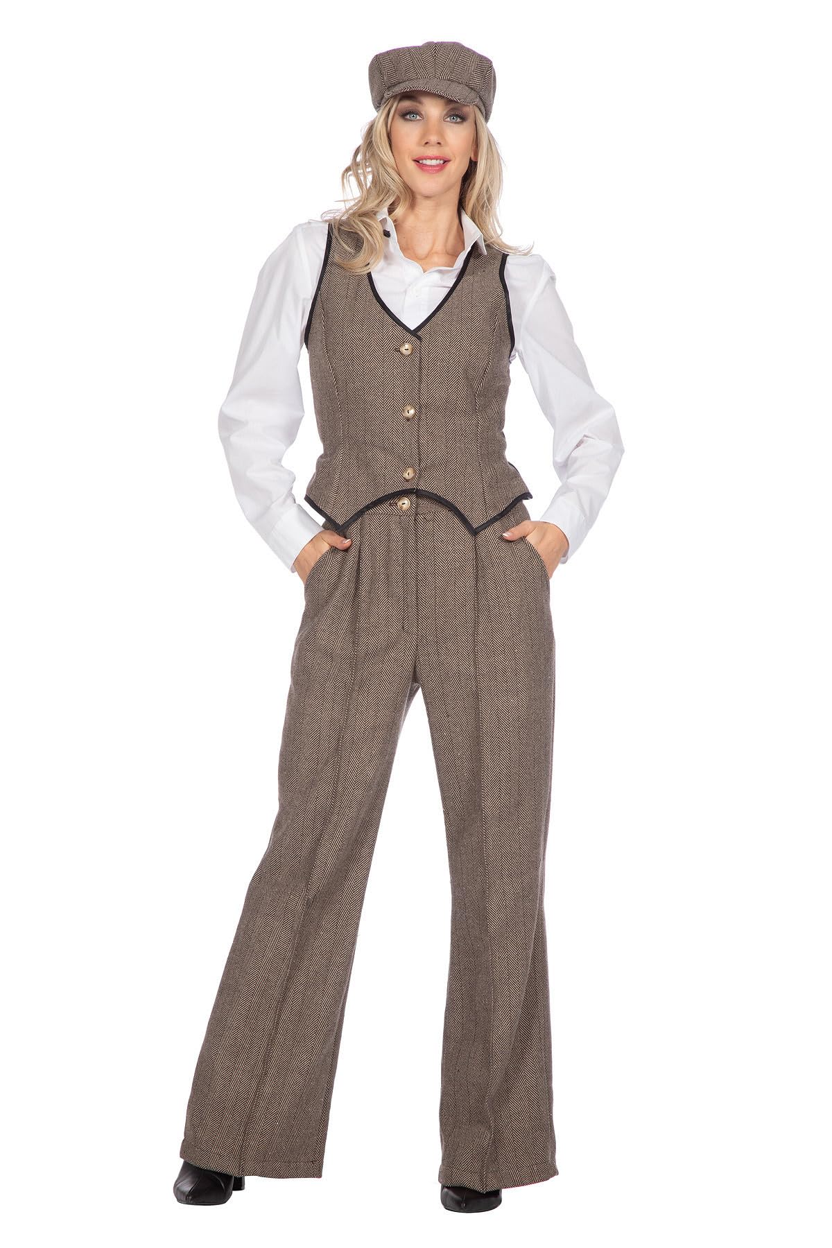 WILBERS & WILBERS 320376 - Disfraz de los años 20 para Mujer, de 3 Piezas con Pantalones, Chaleco y Gorra, Conjunto de Gatsby para Carnaval, Fiesta temática