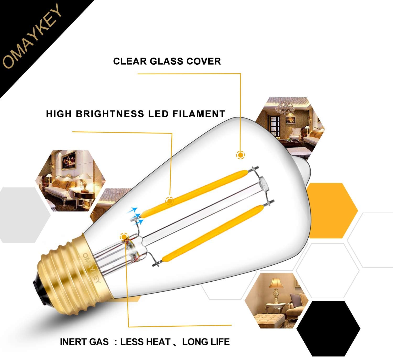 Featured Product OMAYKEY 2W LED Edison Bulb 25W Equivalent 3000K Soft White 250 Lumens, E26 Base Antique Edison Style Clear Glass Tiny ST48 Dimmable LED Chandelier Filament Light Bulbs, Pack of 8