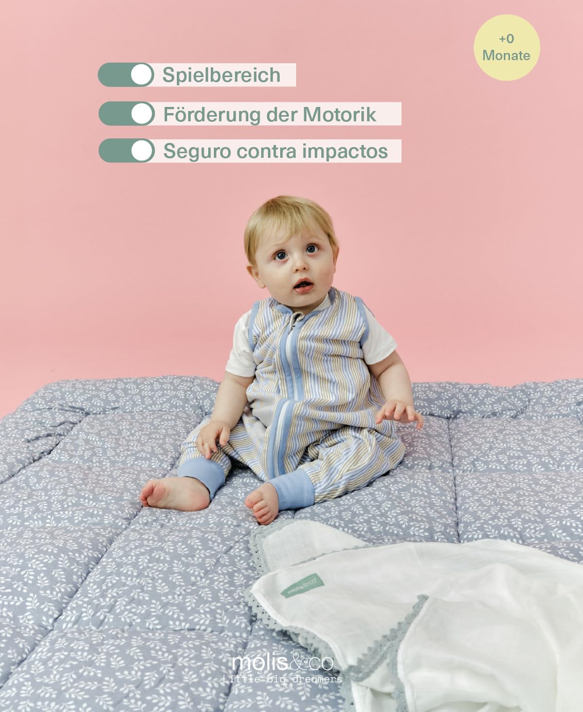 molis&co - Baby Spielmatte 120x120 cm, extra dick, weich, stilisch, unisex, 100% Baumwolle (Oeko-TEX), maschinenwaschbar, Blue Garden