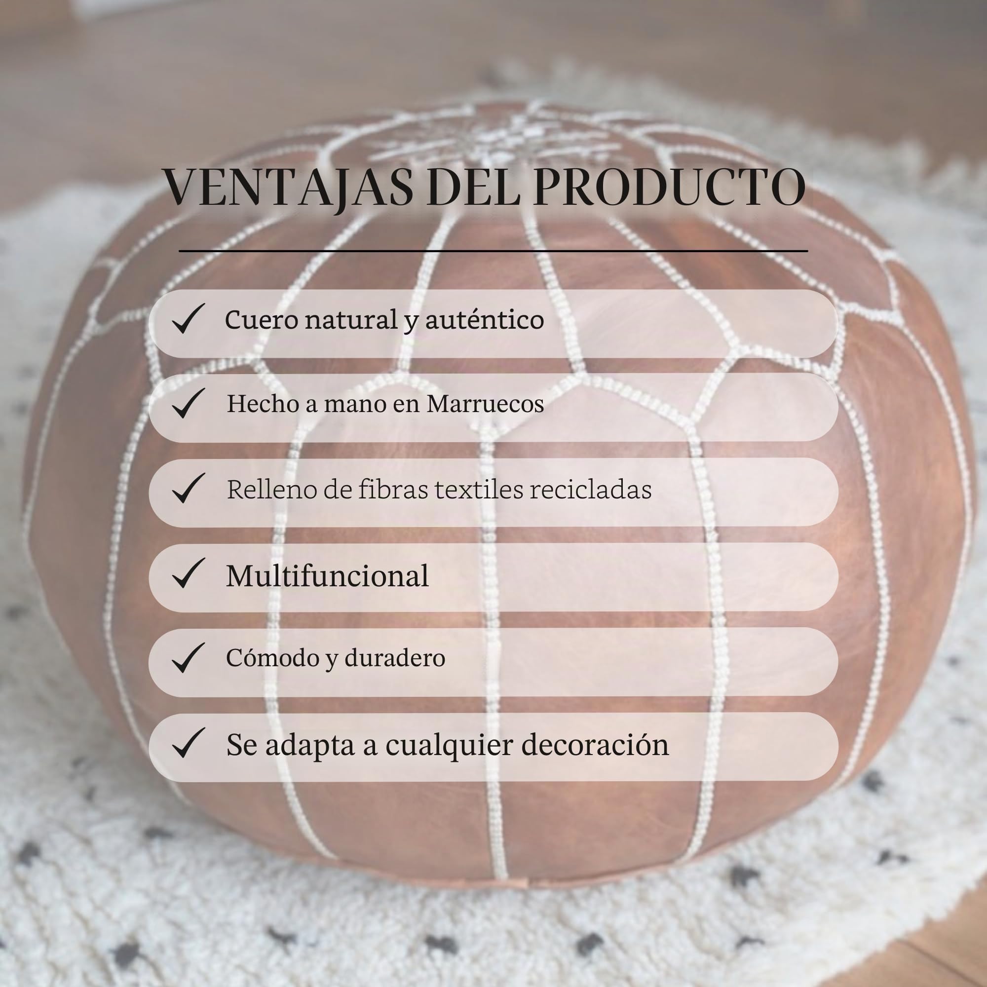 Poufs&Pillows Puf Artesanal de Cuero auténtico - Hecho a Mano - Entregado con Relleno - Otomano, cojin de Suelo, reposapiés (Marrón Cognac)