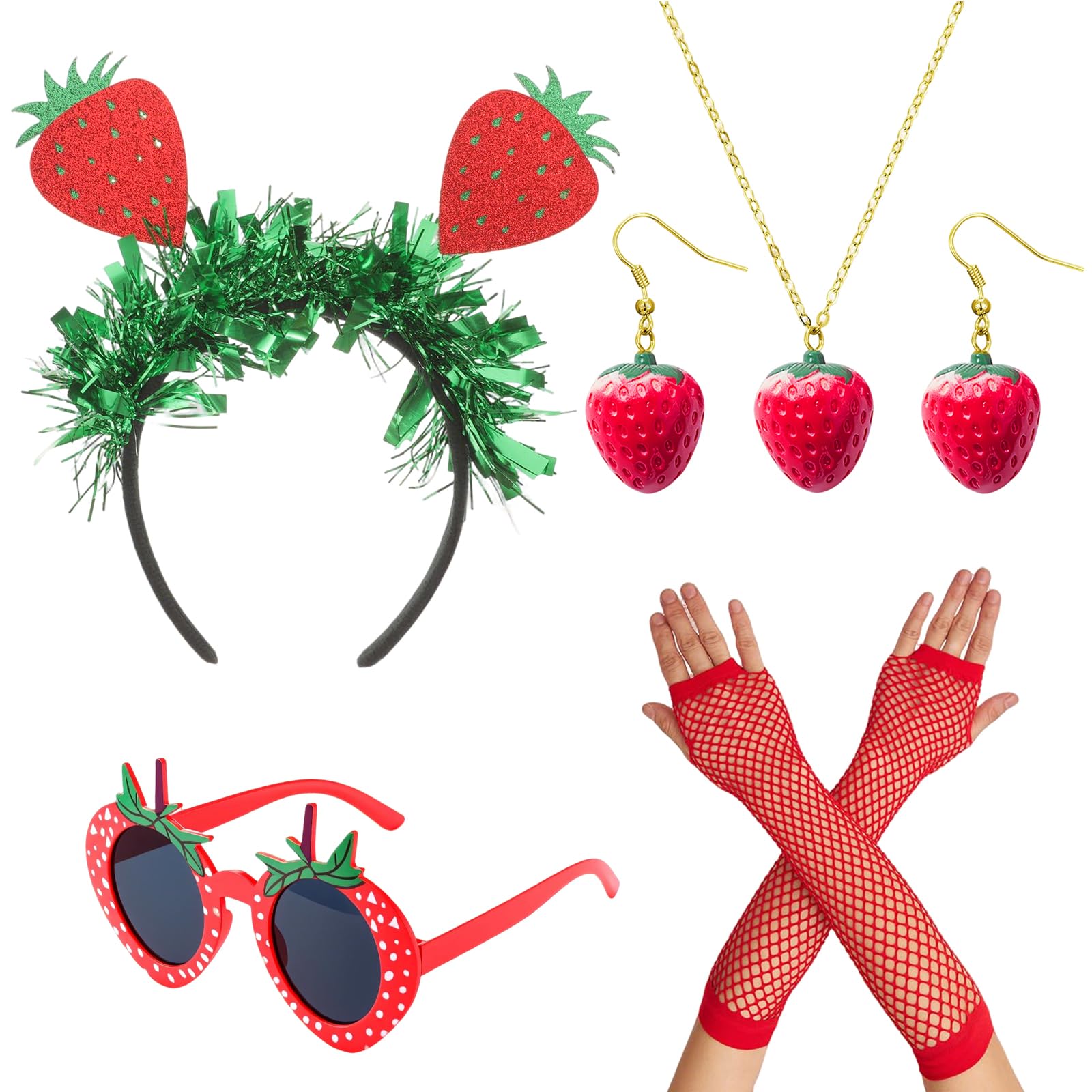 Disfraz de fresa para mujer, disfraz de fruta, juego de fresa con diadema creativa de fresa, gafas, guantes rojos, pendientes, collar, disfraz de mujer, accesorios para carnaval, fiesta