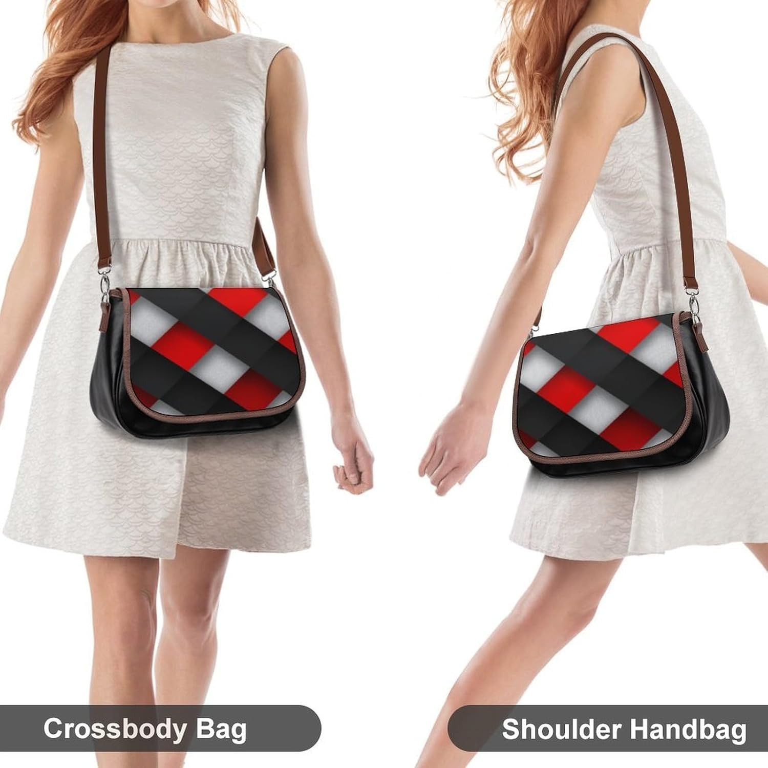 Abstract Red Stripes Gray BlackWomen's Faux Leather Crossbody Bag, Waterproof Wrinkle-Resistant Shoulder Bag with Detachable Strap, Large Capacity Casual Handbag, Fashion Daily Purse for Shopping Work