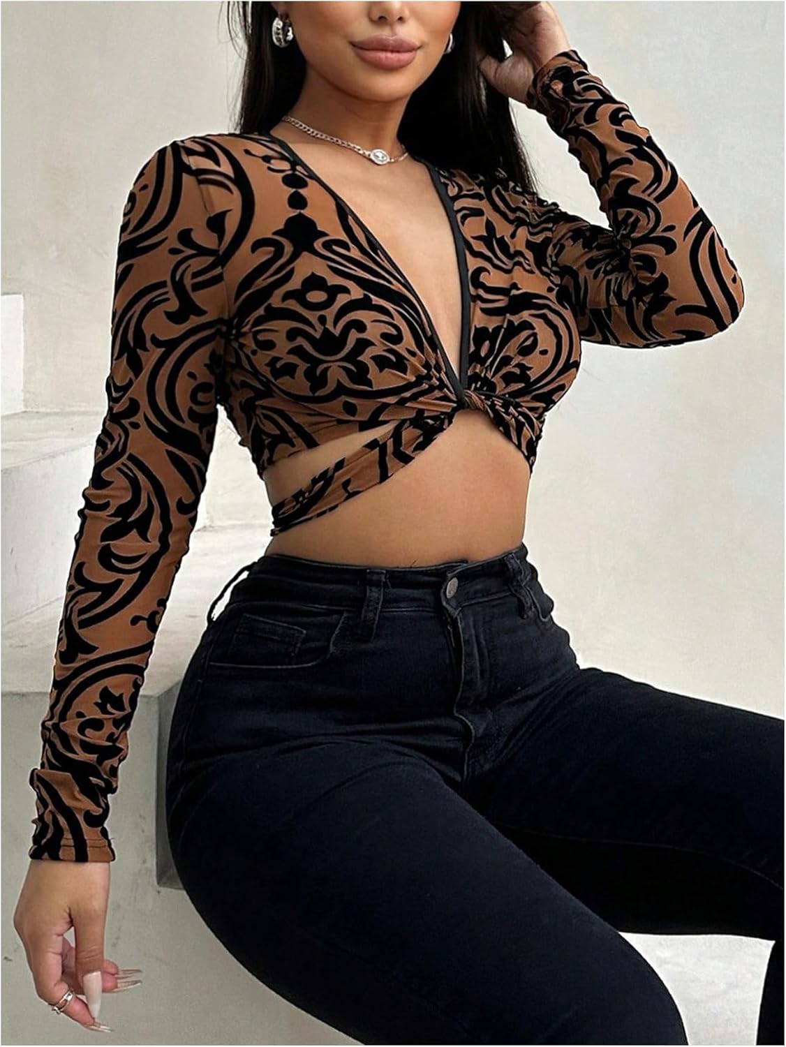 SHENHE Women's Deep V Neck Twist Front Tie Back Long Sleeve Sexy Date Night Crop Top - Image 3