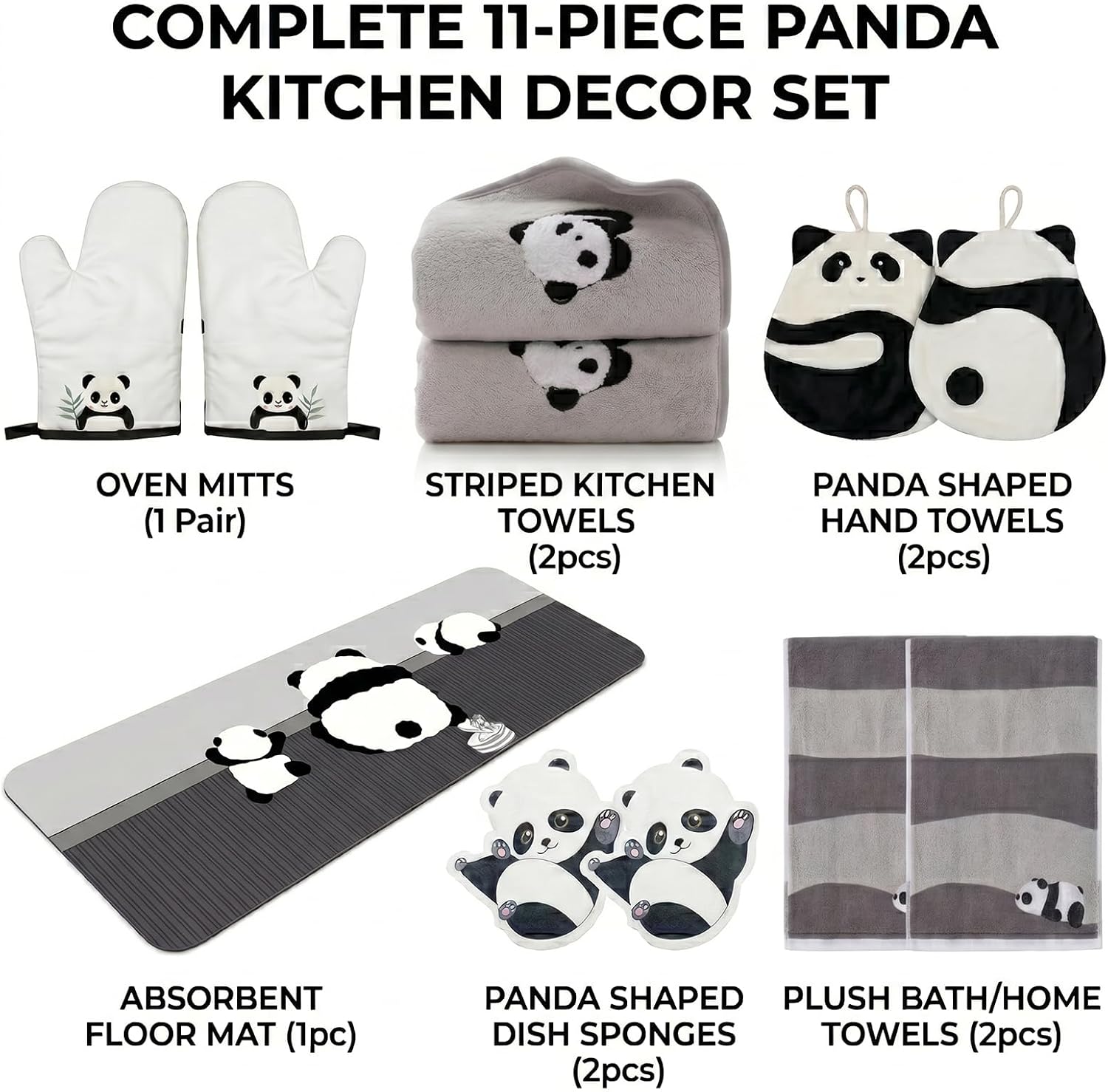 11 Pcs Cute Panda Kitchen Decor Set Black and White, Kitchen Accessories with Non Slip Silicone Rug, Cotton Dish Towels, Heat Resistant Oven Mitts and Sponges for Cooking Baking