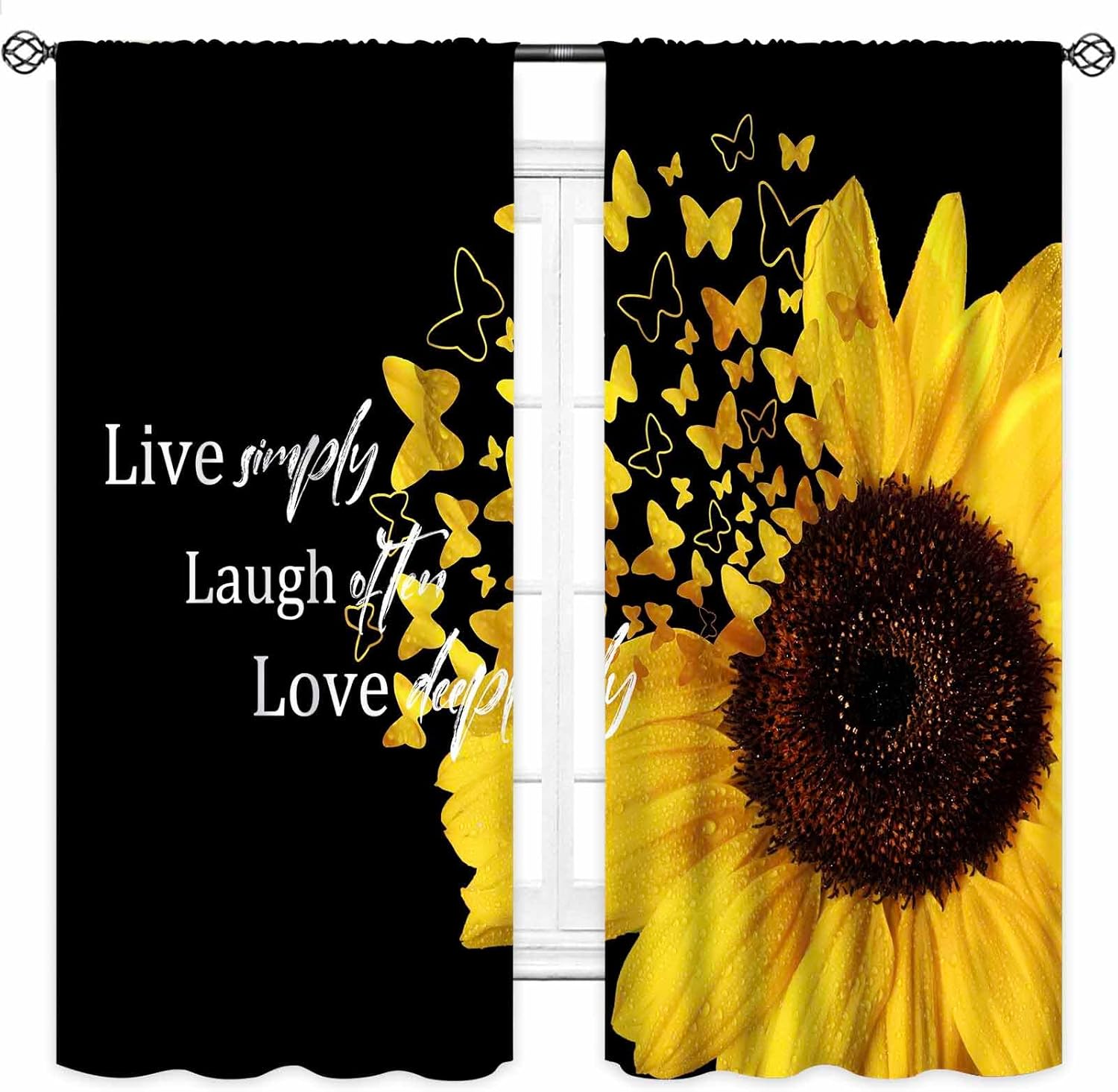 Sunflower Curtains for Kitchen,Motivational Floral Quote Yellow Sunflower Girl Women Farmhouse Rural Cottage Black Bedroom Living Room Bathroom Window Treatments Curtain 2 Panels,63X63 Inch