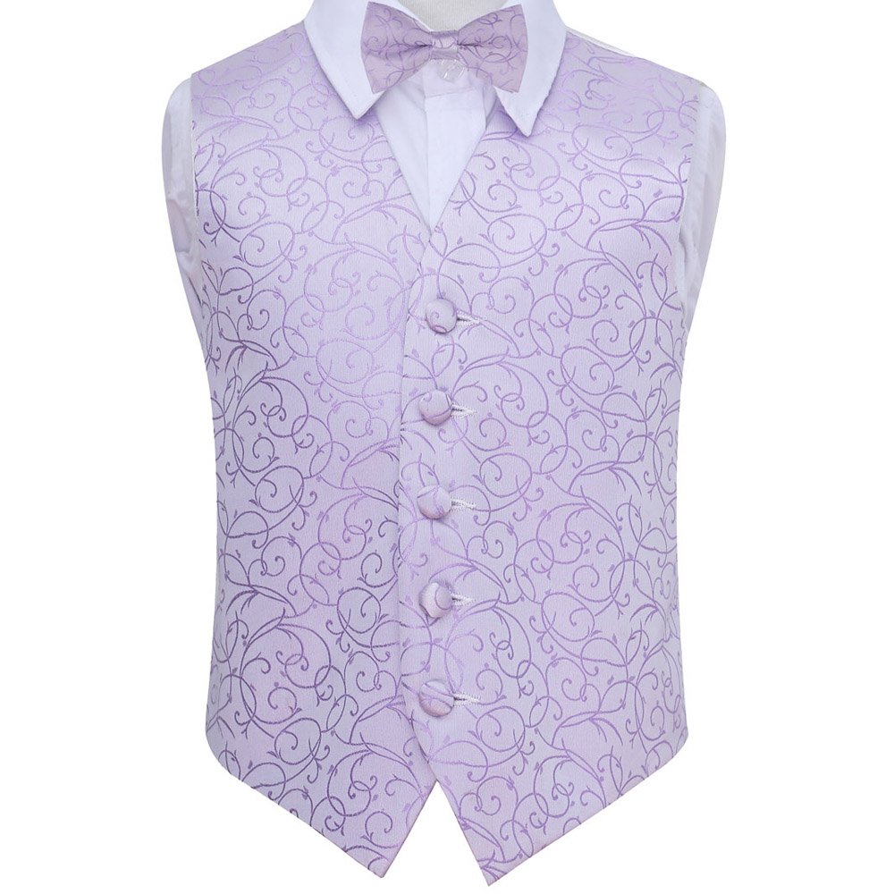 DQT Boys Swirl Jacquard Waistcoat & Pre-Tied Bow Tie Set (2pc) - Wedding Pageboy Formal Vest - Lilac 13-14 Years 34"