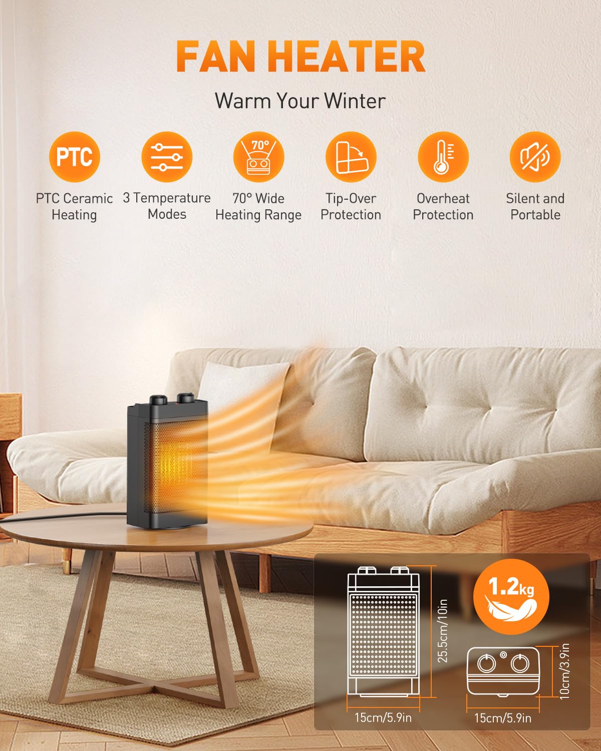 Stufetta Elettrica Basso Consumo,1500w 3 Modalità Di Riscaldamento Stufa Elettrica In Ceramica,70° Oscillante,Protezione Contro Il Surriscaldamento E L'Inclinazione,Riscaldatore Ambiente Silenzioso