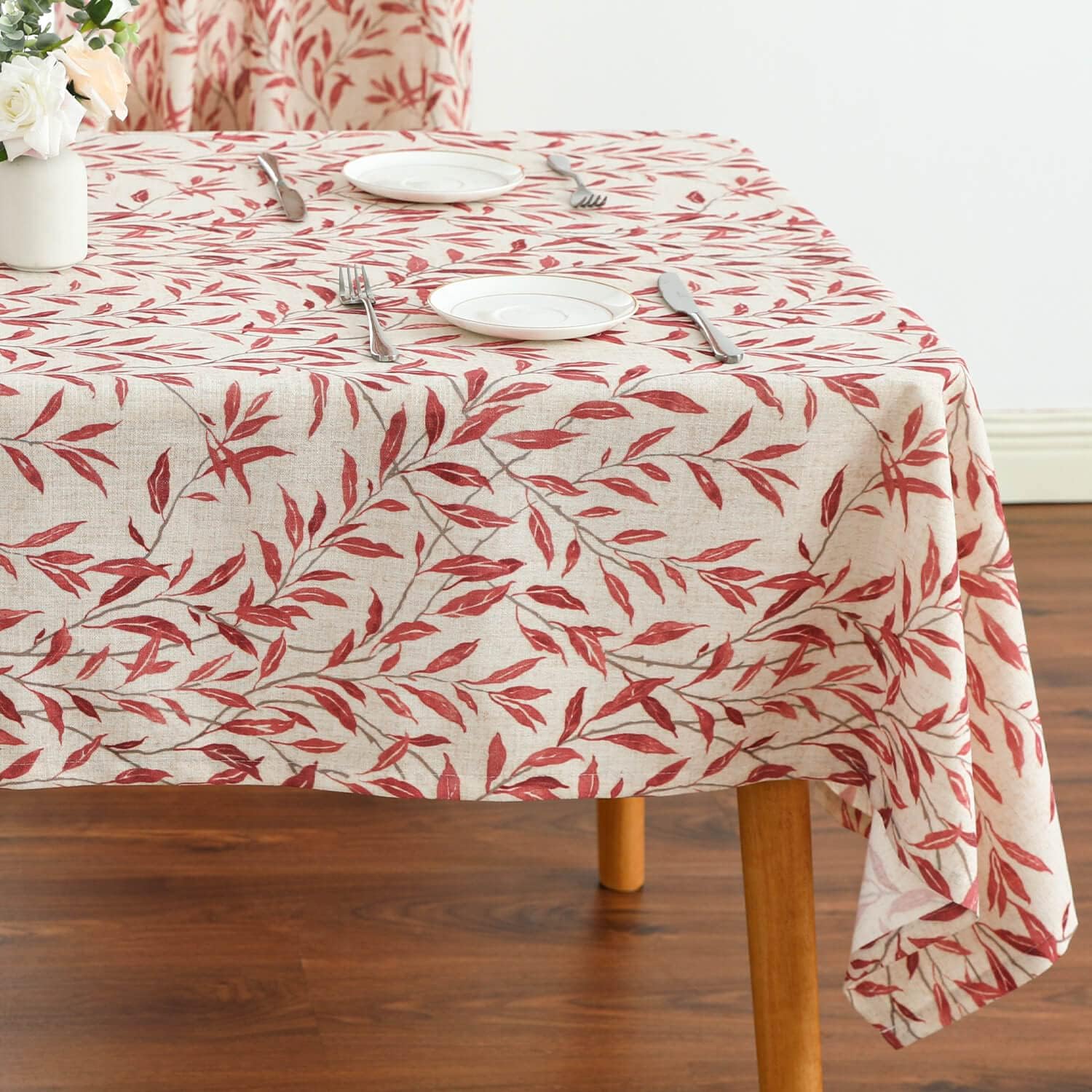 VOGOL Linen Textured Tablecloth for Dining Table, Farmhouse Kitchen Rectangle Table Cloth for Coffee Dining Table Cover, Red Leaves Pattern, 52 x 102