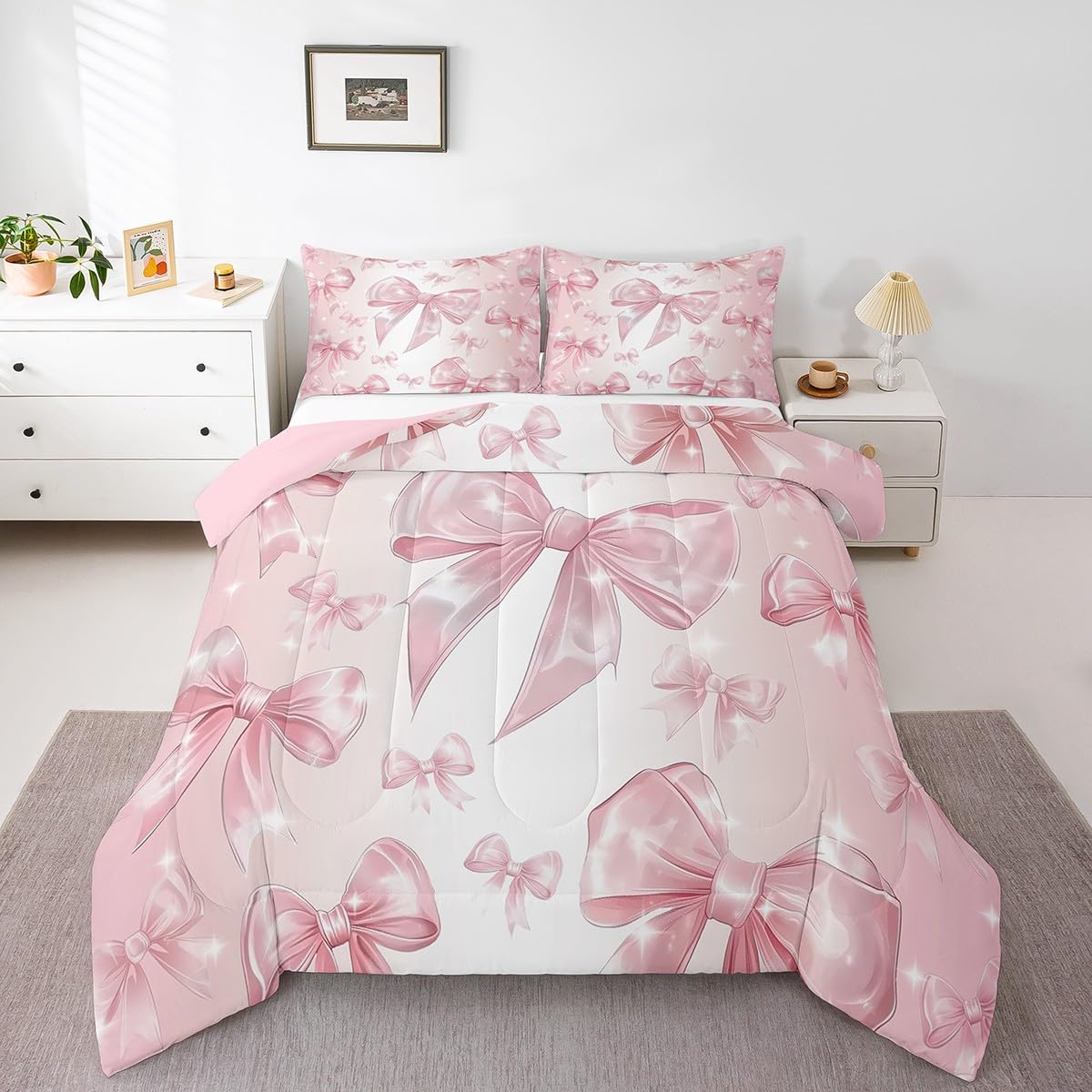 Erosebridal Bowknot Kids Bedding Set Twin Size,Pink Kawaii Bow Comforter Set for Girls Princess Room Decor,Cute Bow Print Down Comforter Girly Bow