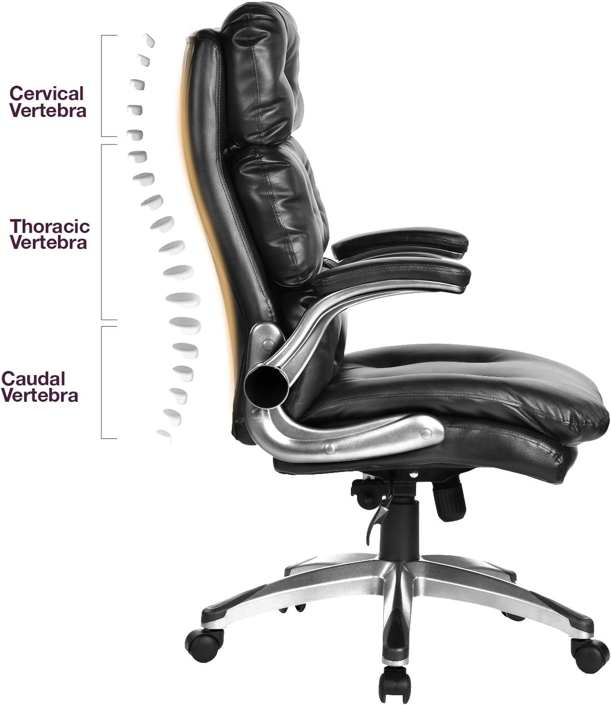 Bosmiller Office Chair High Back Leather Executive Computer Desk Chair - Adjustable Tilt Angle and Flip-up Arms Swivel Chair Thick Padding for Comfort and Ergonomic Design for Lumbar Support : Home & Kitchen
