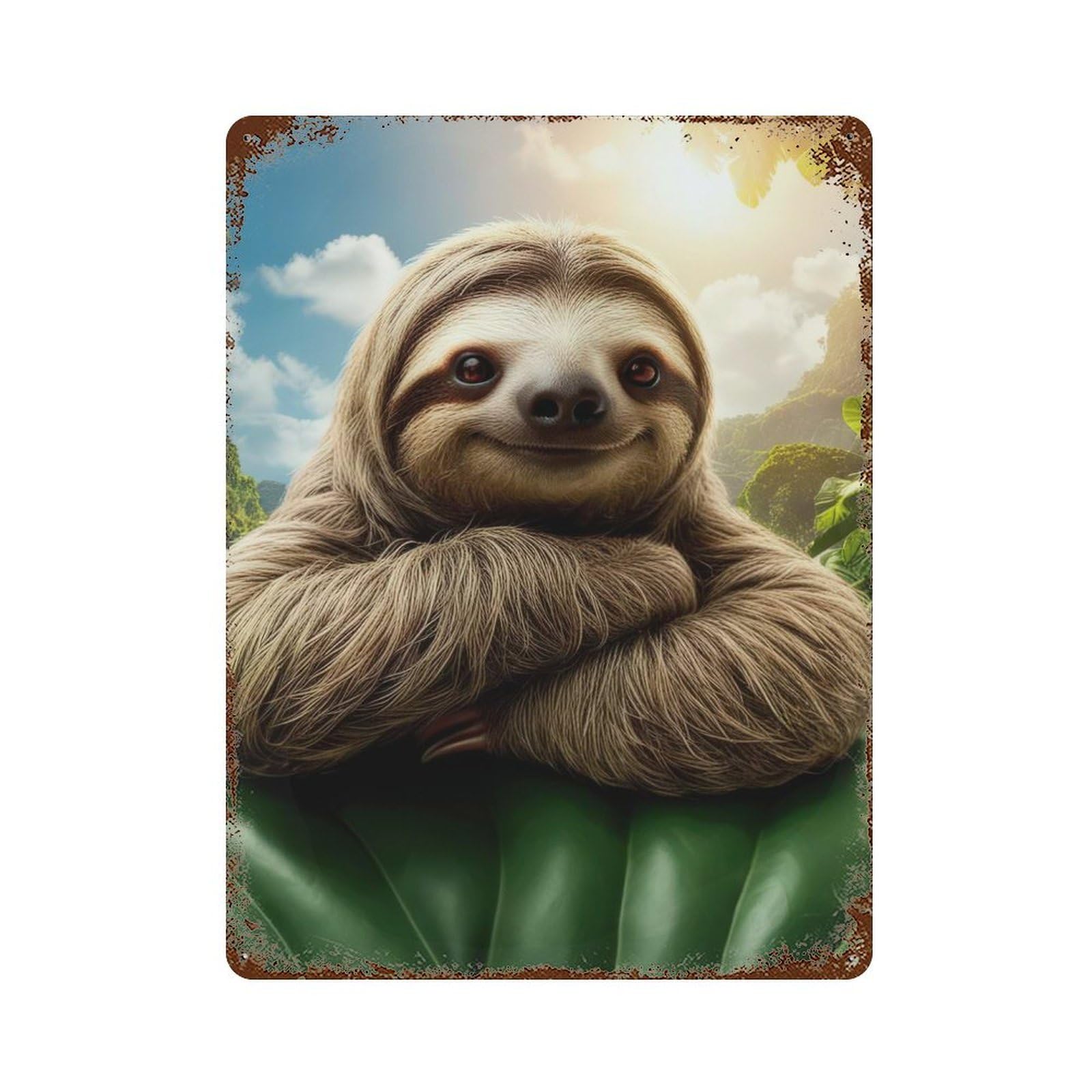 Smiling Sloth in Jungle, Nursery, Cute Animal Aged Metal Wall Plaque 15.7"x11.8", for Living Room, Hallway And Home Decor, Shabby Chic Decor