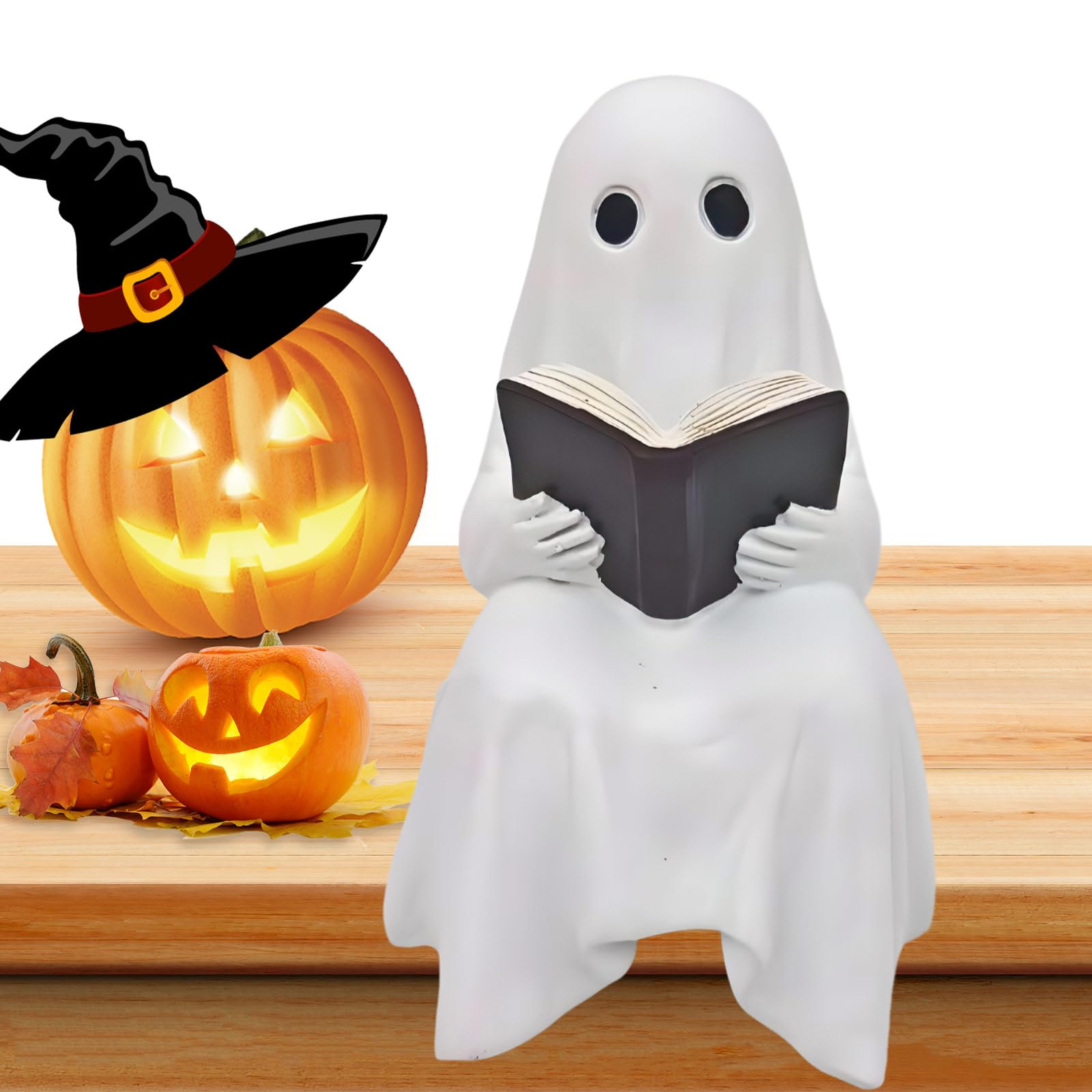 Funny Halloween Ghost Ornament, Halloween Ghost Figurine, Halloween Ghost Reading Book Statue, Spooky Funny Table Ornament for Teens and Adults Halloween Humor Prop