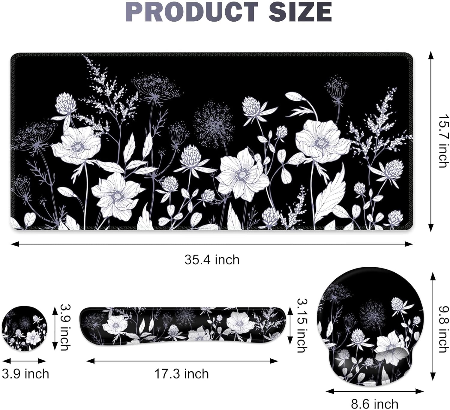 Gaming Mouse Pad, Large Desk Mat, Cute Desk Pad Protector, 4in1 XXL Mousepad + Keyboard Wrist Rest+Mouse Wrist Rest+Coaster Set with Ergonomic Desk Pad for Home Office PC Computer, Black White Flowers - Image 5